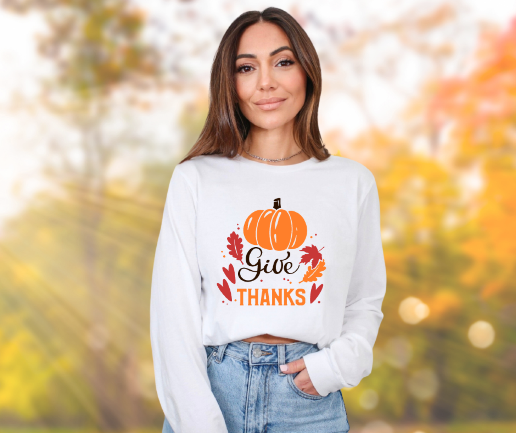 Give Thanks Fall Gildan Ultra Cotton Long Sleeve Tee, Autumn Pumpkin T-Shirt