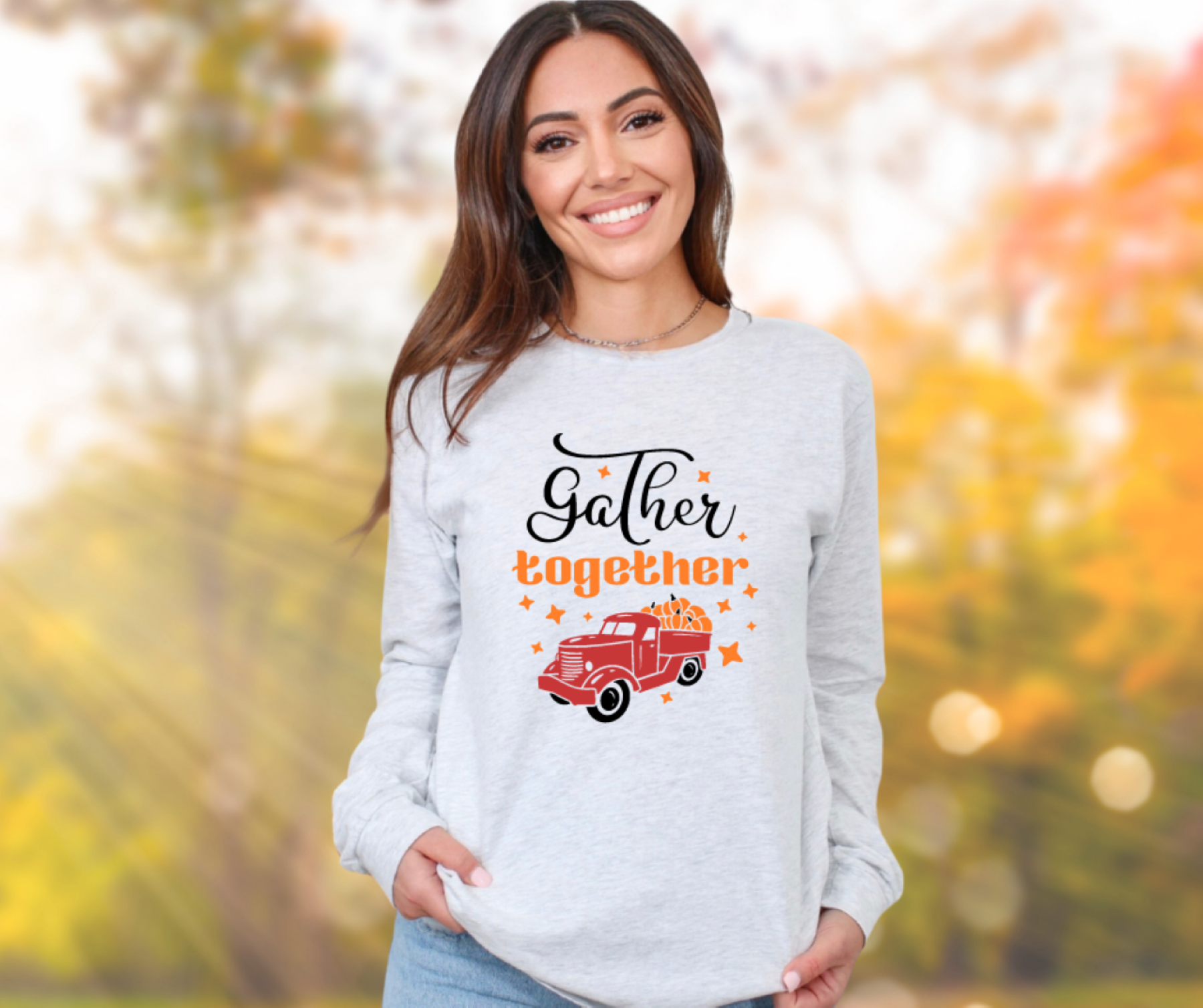 Gather Together Fall Gildan Ultra Cotton Long Sleeve Tee, Autumn Pumpkins T-Shirt