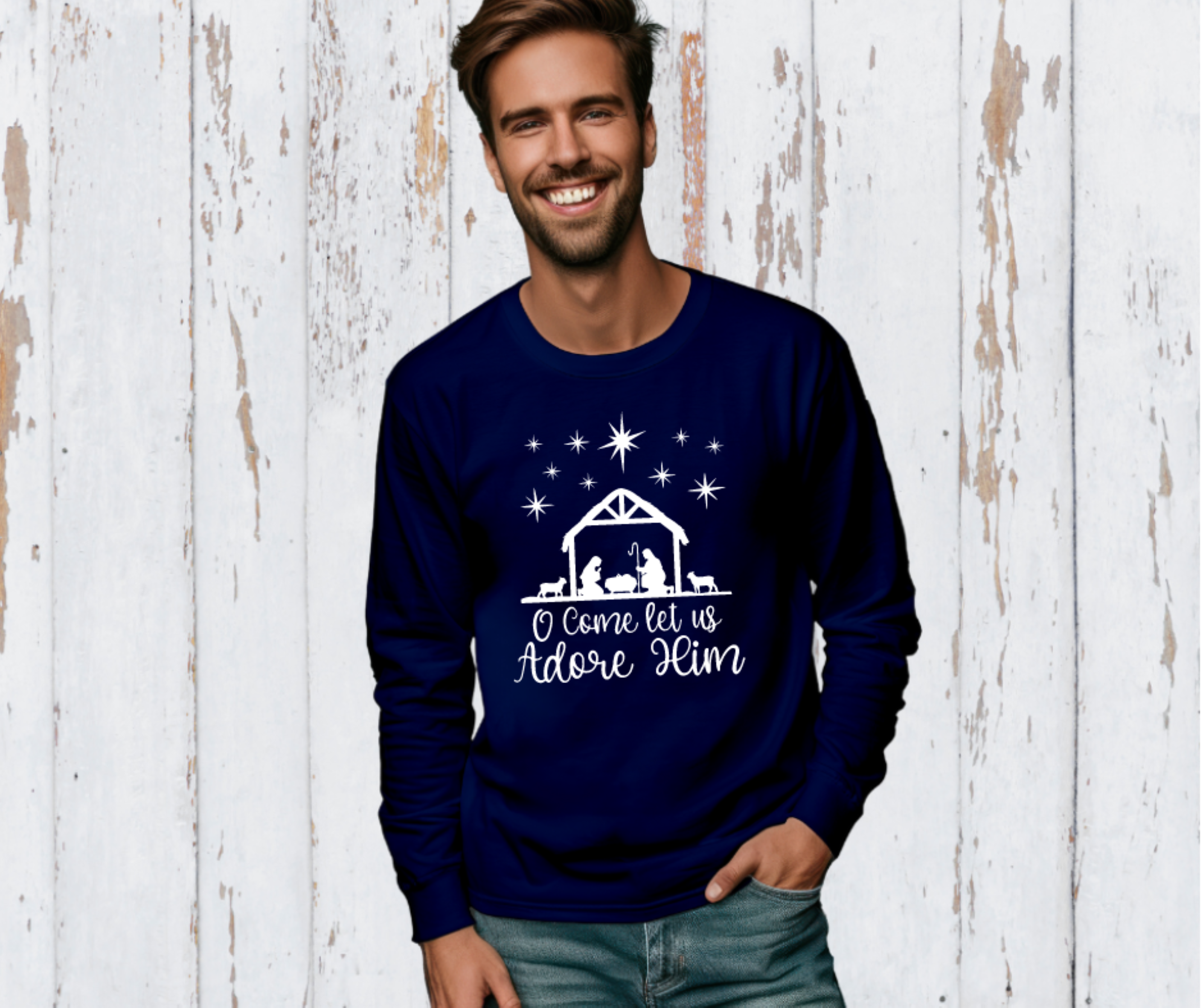 O Come Let Us Adore Him Nativity Christmas Tee Gildan Ultra Cotton Long Sleeve Tee, Christmas T-Shirt product thumbnail image
