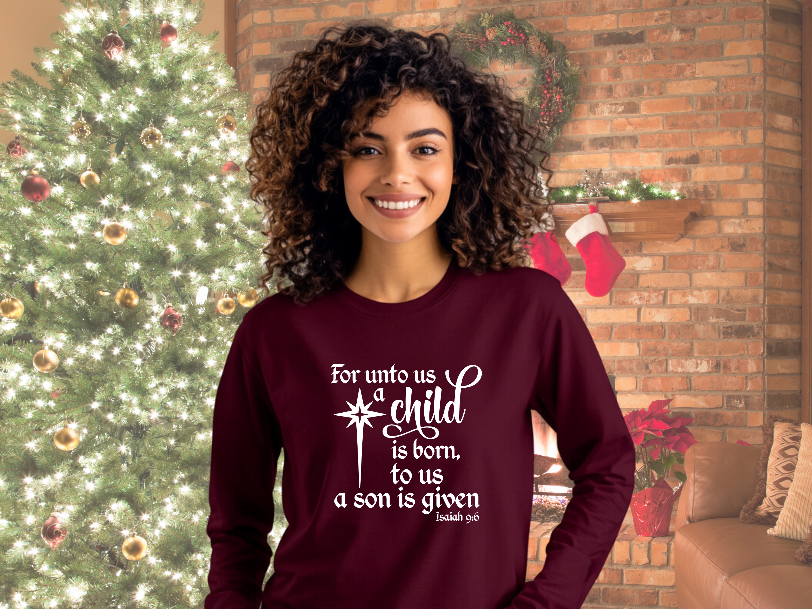 For Unto Us a Child is Born, To Us a Son is Given Isaiah 9:6 Bible Verse Christmas Tee Gildan Ultra Cotton Long Sleeve Tee