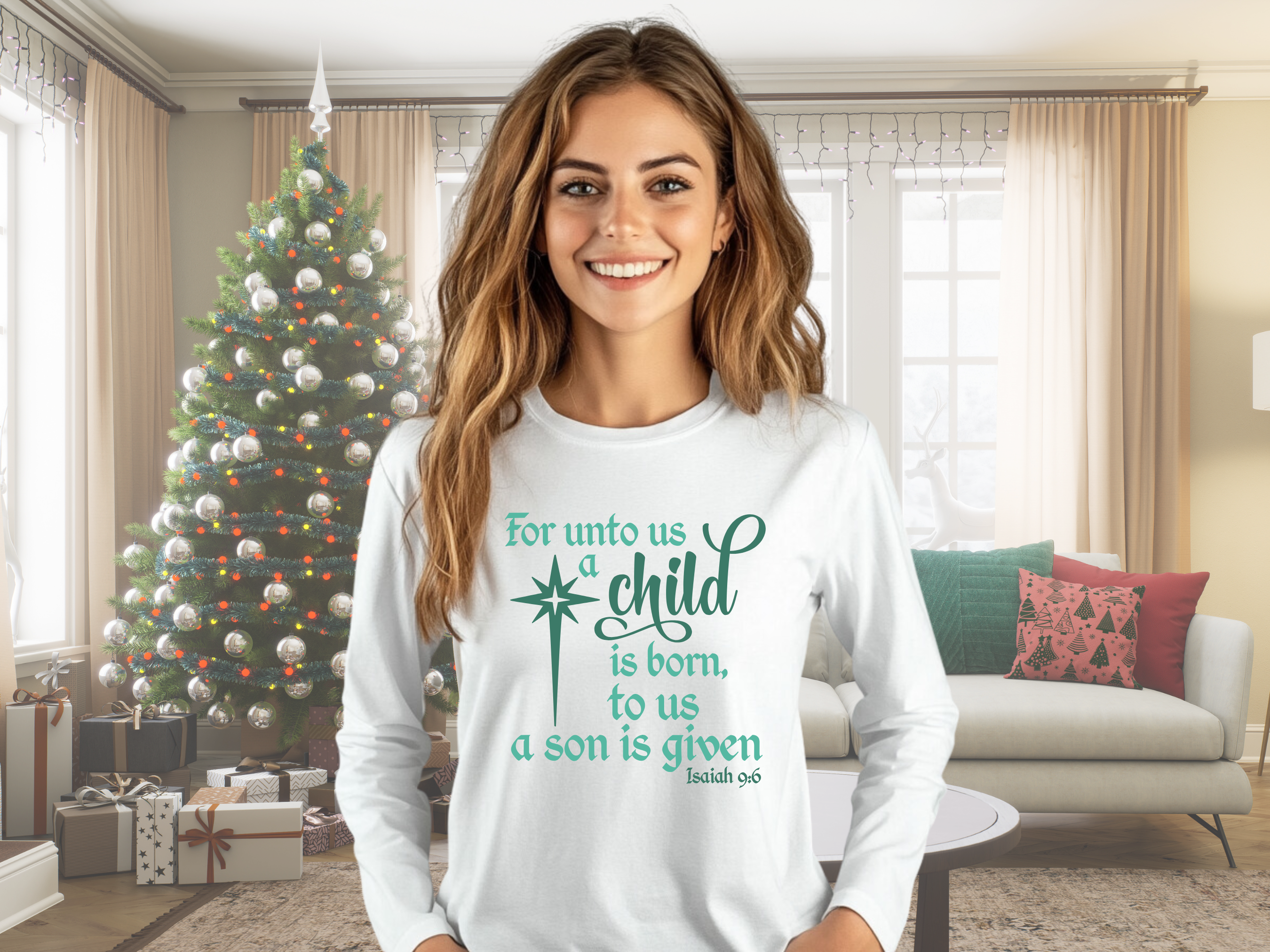 For Unto Us a Child is Born, To Us a Son is Given Isaiah 9:6 Bible Verse Christmas Tee Gildan Ultra Cotton Long Sleeve Tee product thumbnail image