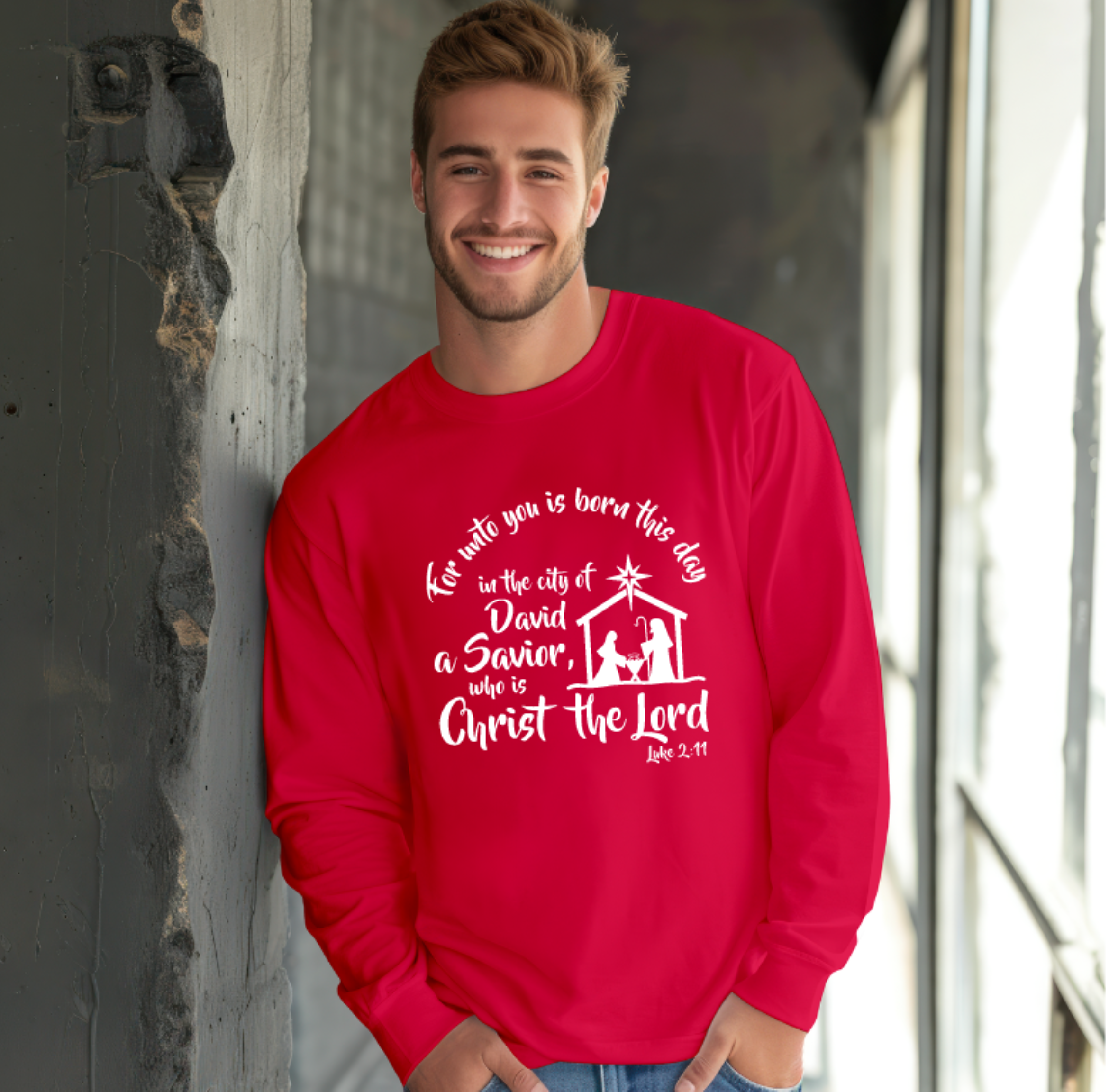 For Unto You is Born This Day in the City of David, A Savior Who is Christ the Lord Bible Verse Christmas Tee Gildan Ultra Cotton Long Sleeve Tee