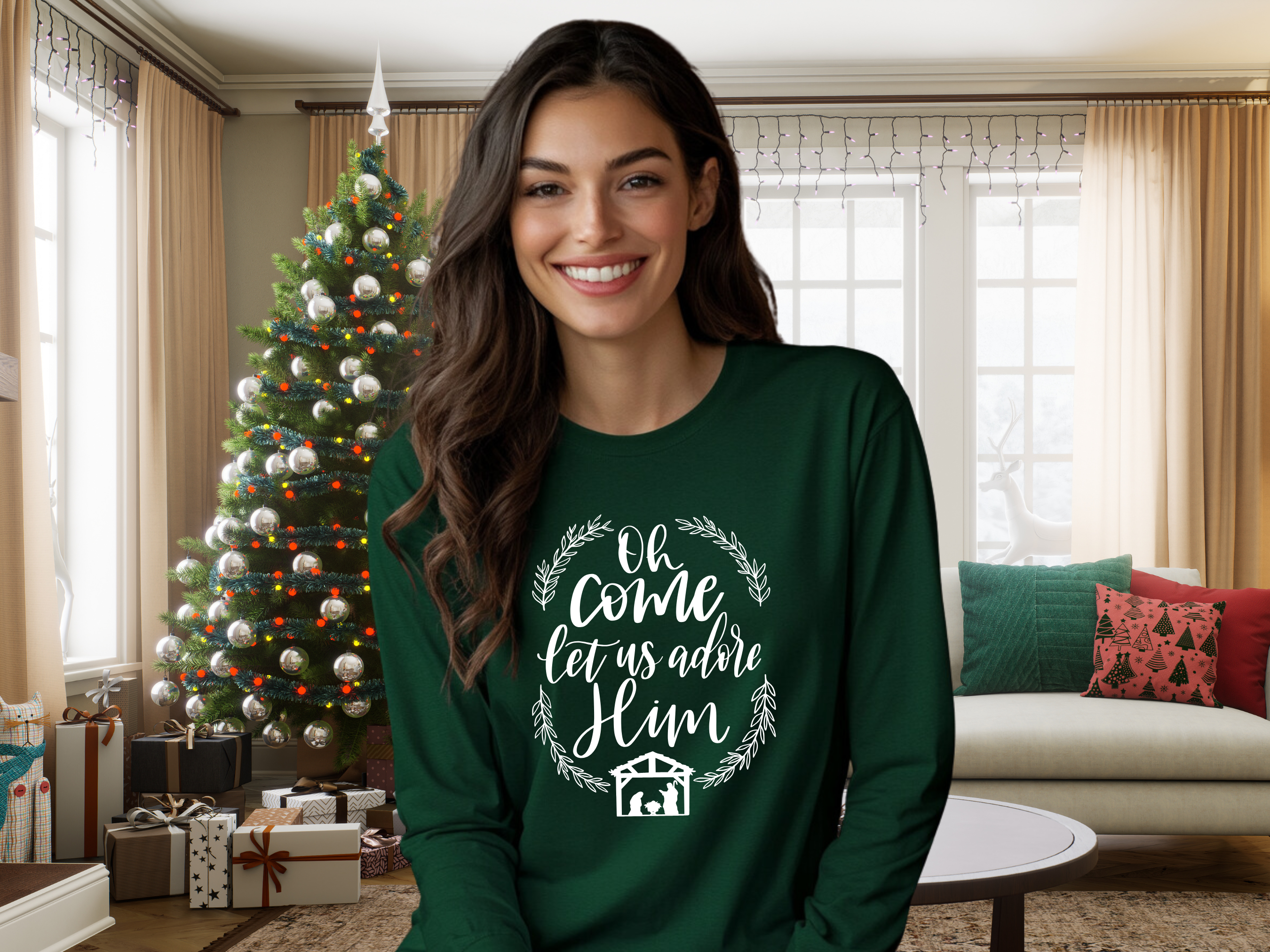 Oh Come Let Us Adore Him Nativity Christmas Tee Gildan Ultra Cotton Long Sleeve Tee, Christmas T-Shirt