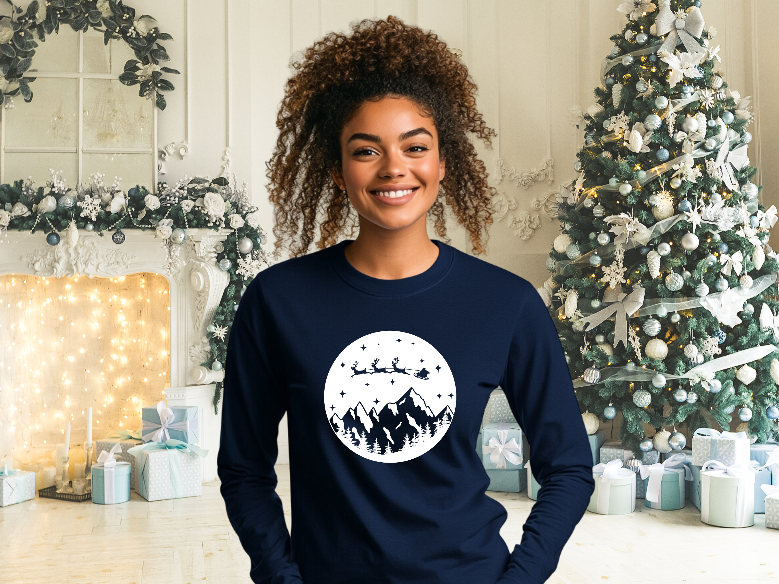 Christmas Mountain Scene with Santa and Sleigh Gildan Ultra Cotton Long Sleeve Tee, Christmas T-Shirt