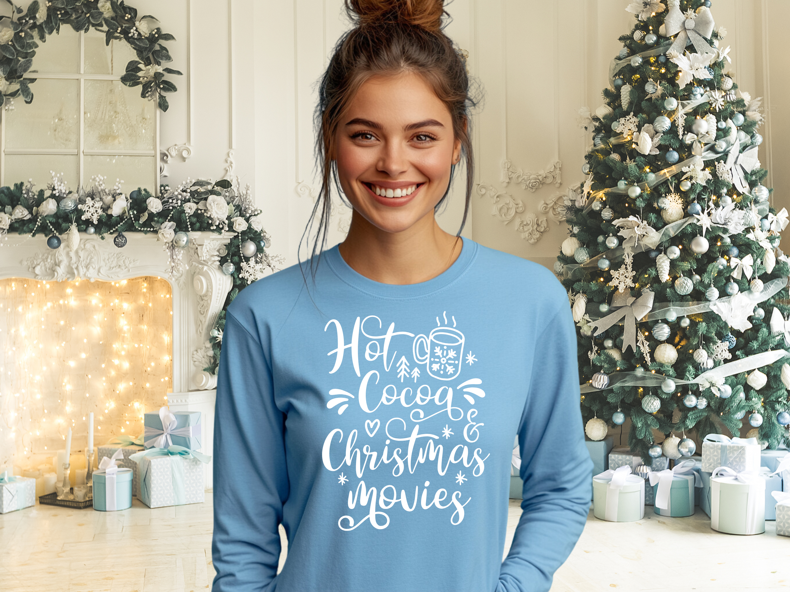 Hot Cocoa &amp; Christmas Movies Gildan Ultra Cotton Long Sleeve Tee, Christmas T-Shirt