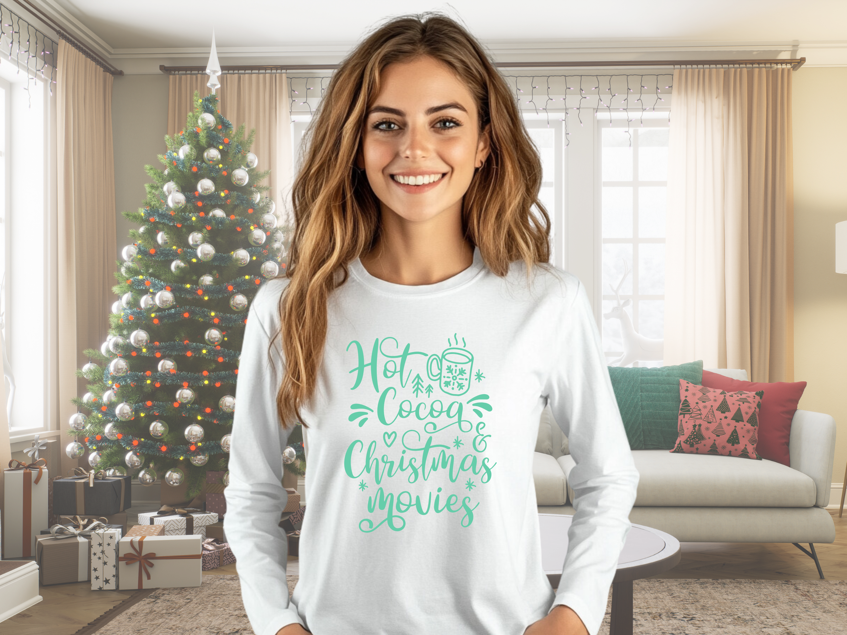 Hot Cocoa &amp; Christmas Movies Gildan Ultra Cotton Long Sleeve Tee, Christmas T-Shirt product thumbnail image