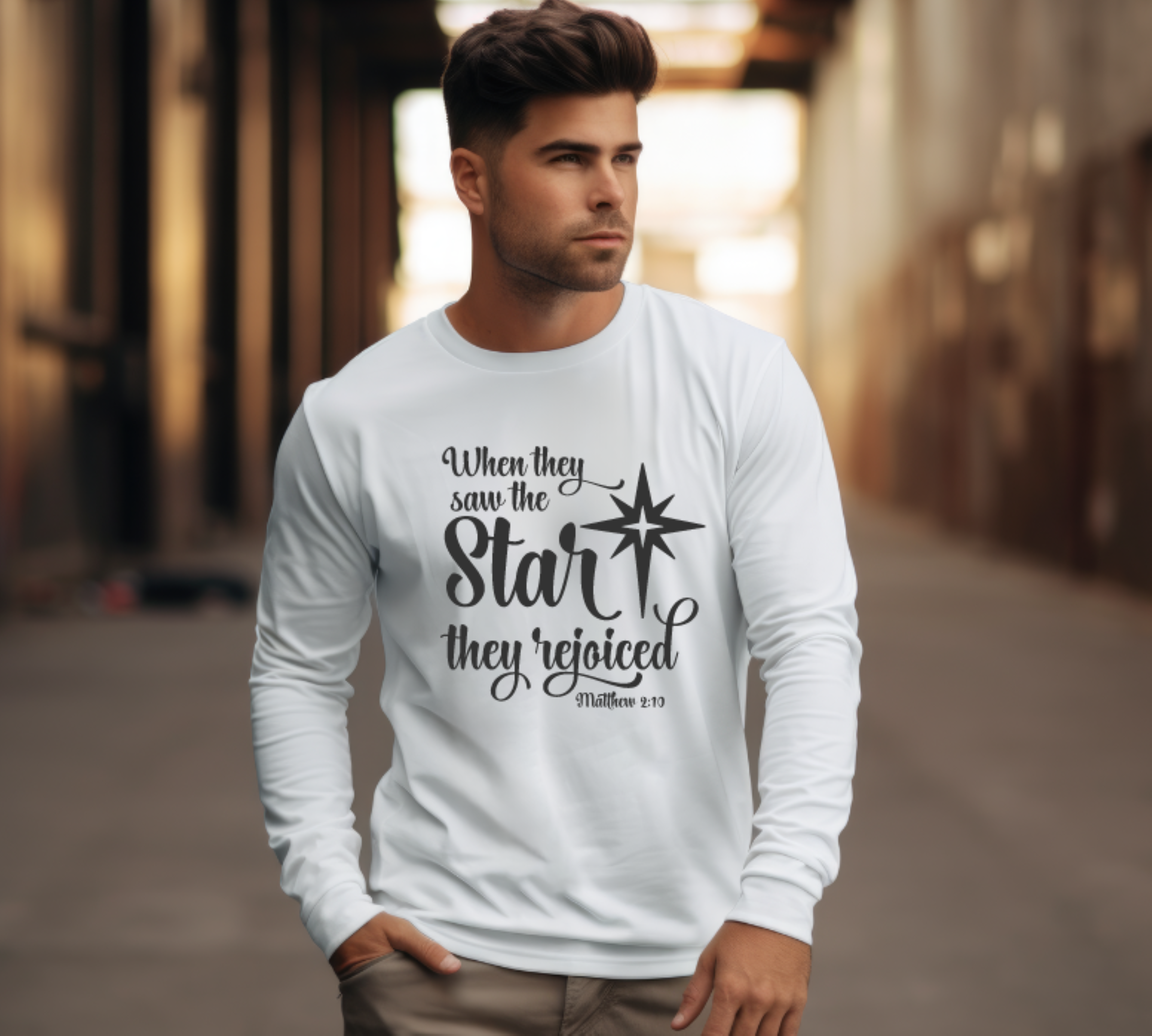 When They Saw the Star They Rejoiced Matthew 2:10 Bible Verse Christmas Tee, Gildan Ultra Cotton Long Sleeve Tee
