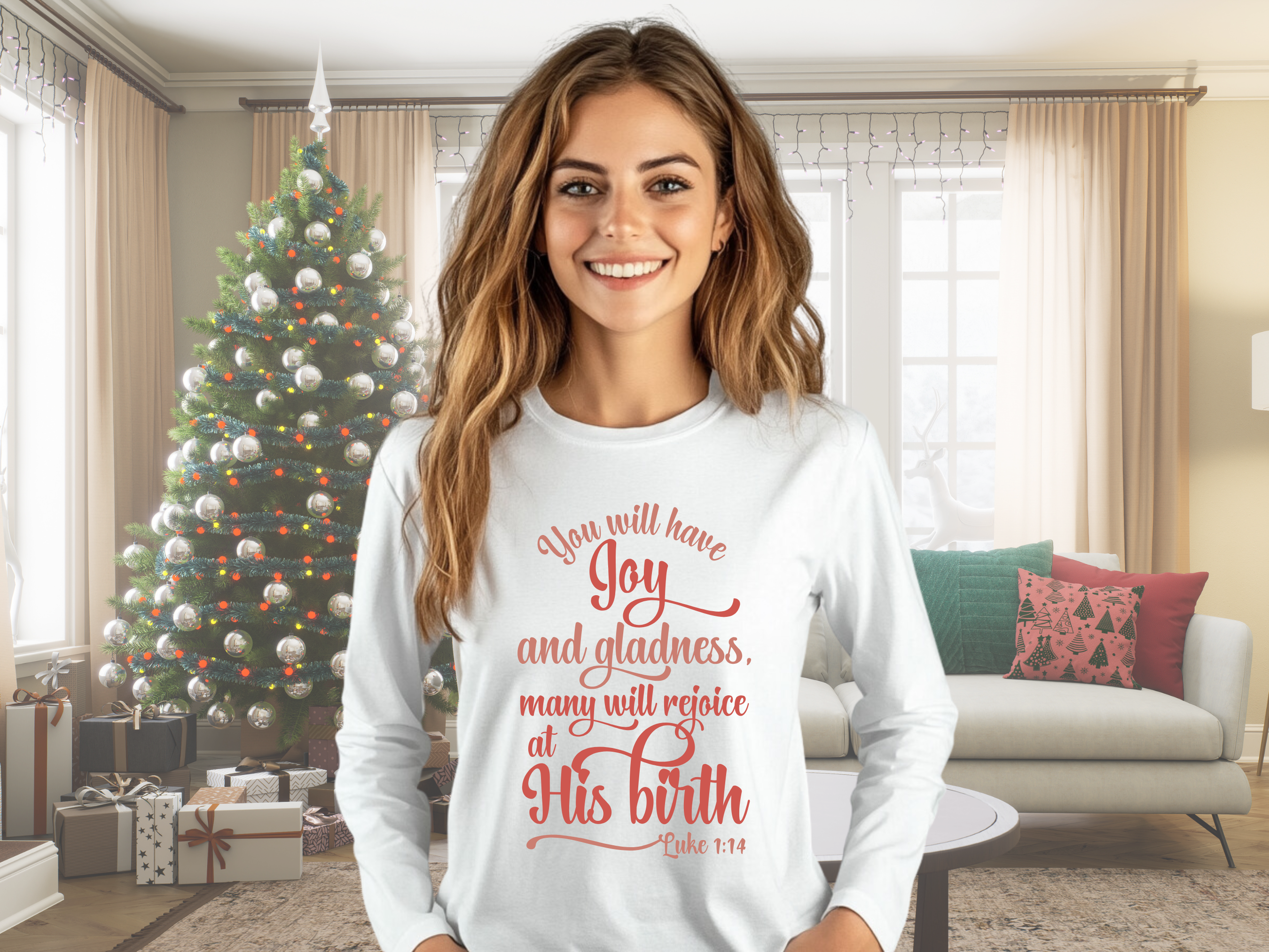 You Will Have Joy &amp; Gladness, Many Will Rejoice at His Birth Luke 1:14 Bible Verse Christmas Tee, Gildan Ultra Cotton Long Sleeve Tee