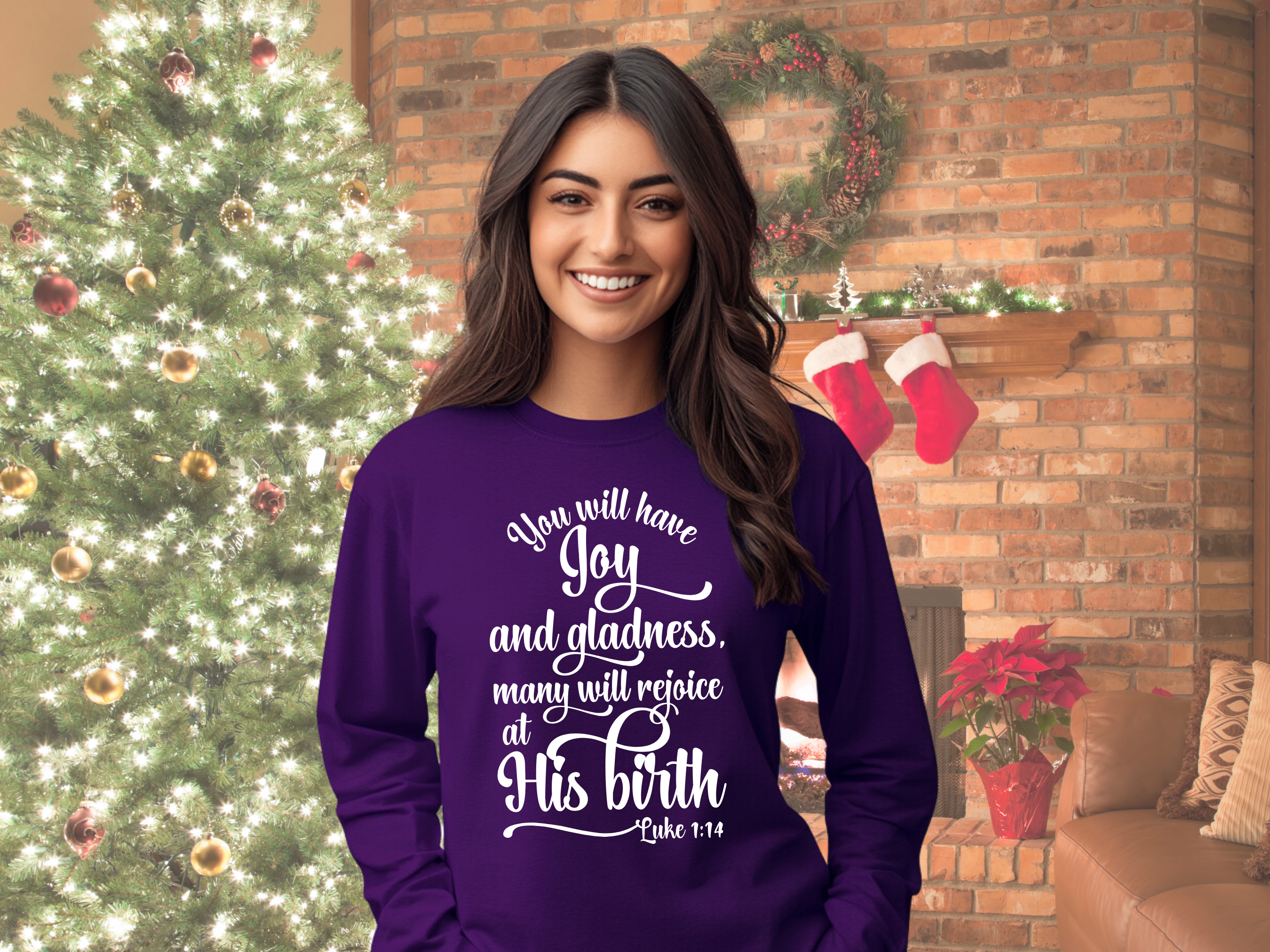 You Will Have Joy &amp; Gladness, Many Will Rejoice at His Birth Luke 1:14 Bible Verse Christmas Tee, Gildan Ultra Cotton Long Sleeve Tee product thumbnail image