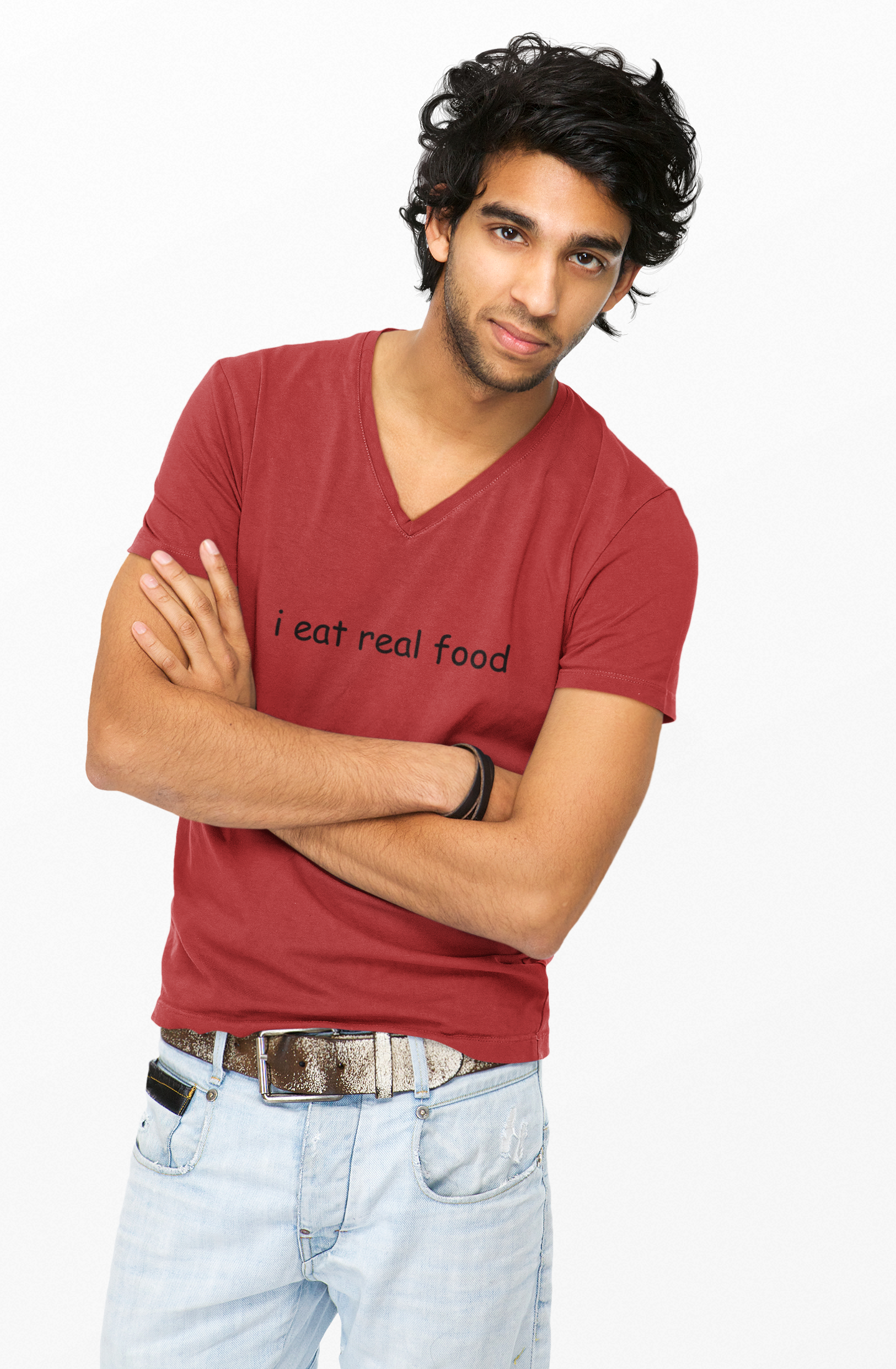 "i eat real food" Unisex Jersey Short Sleeve V-Neck Tee product thumbnail image