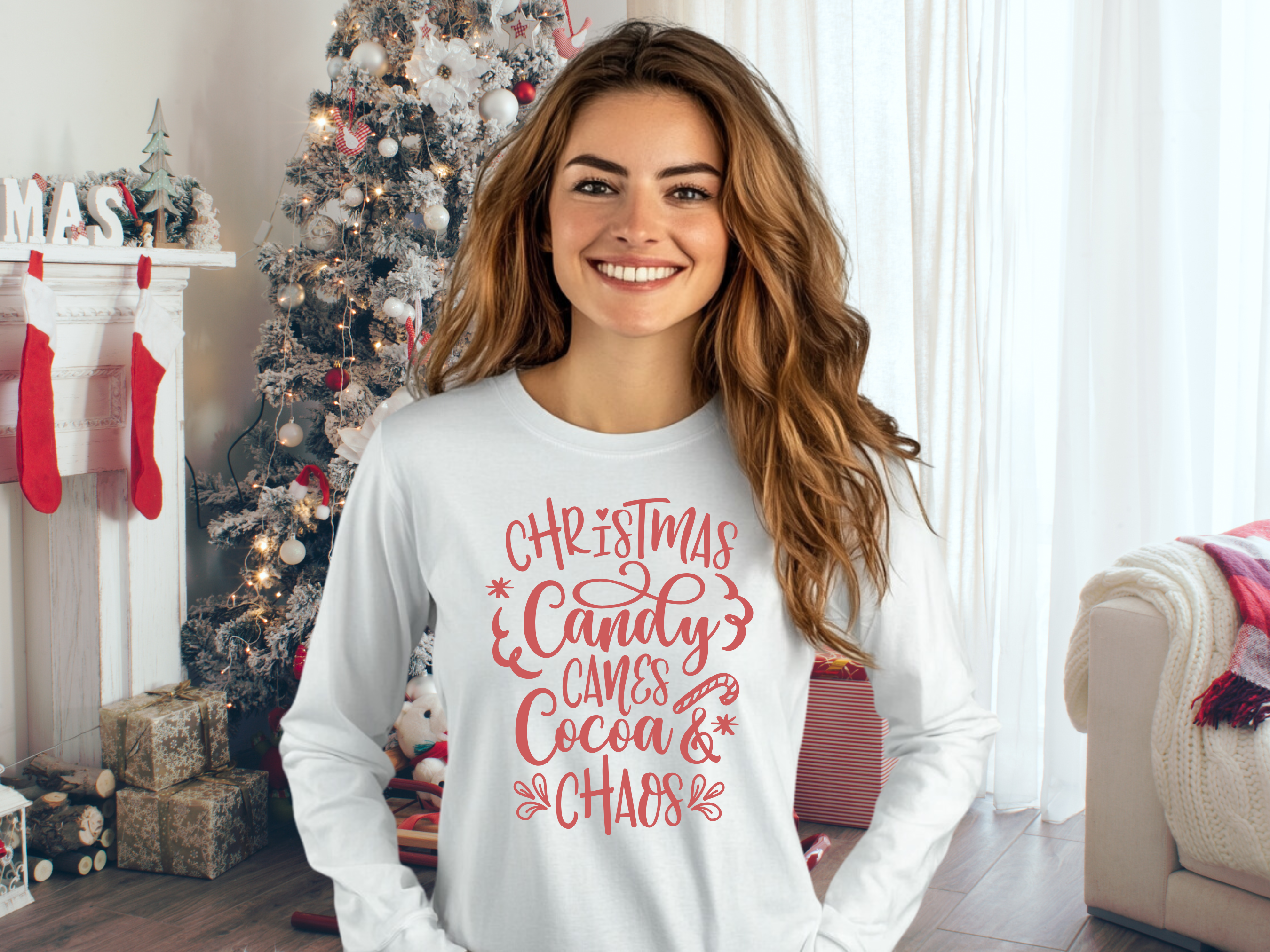 Christmas, Candy Canes, Cocoa &amp; Chaos Gildan Ultra Cotton Long Sleeve Tee, Christmas T-Shirt product thumbnail image