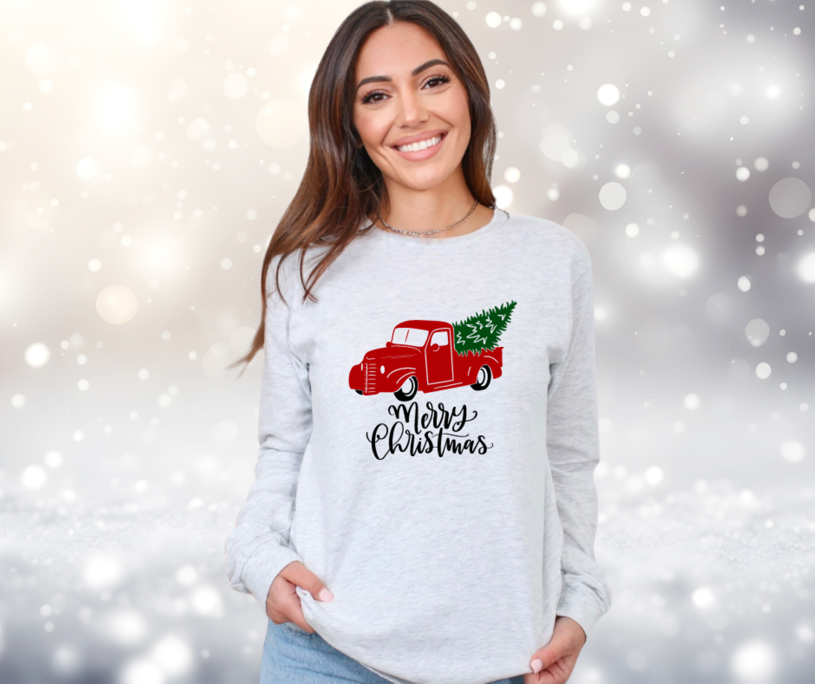 Merry Christmas Truck with Christmas Tree Gildan Ultra Cotton Long Sleeve Tee, Christmas T-Shirt product thumbnail image