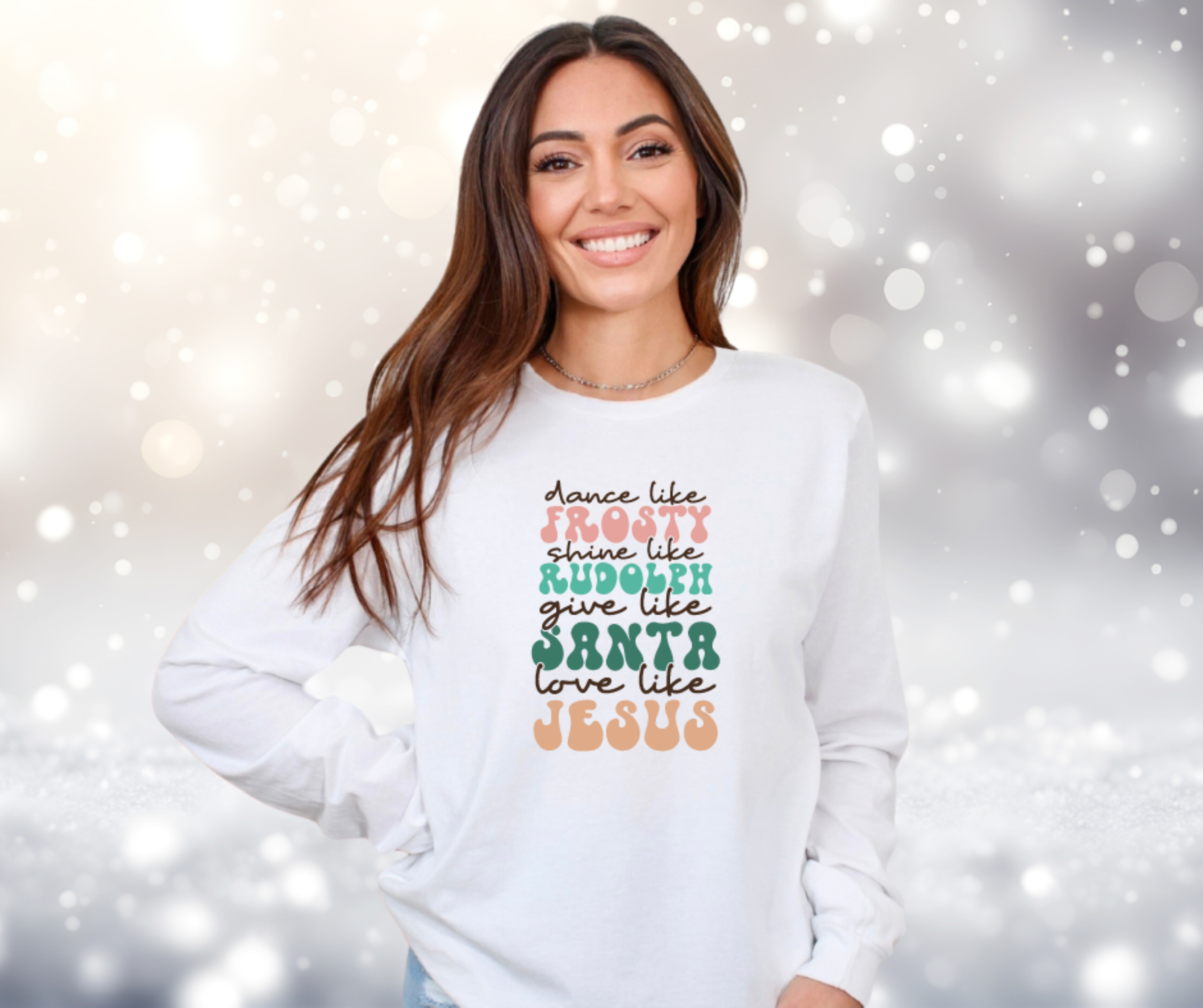 Dance Like Frosty, Shine Like Rudolf, Give Like Santa, Love Like Jesus Gildan Ultra Cotton Long Sleeve Tee, Christmas T-Shirt