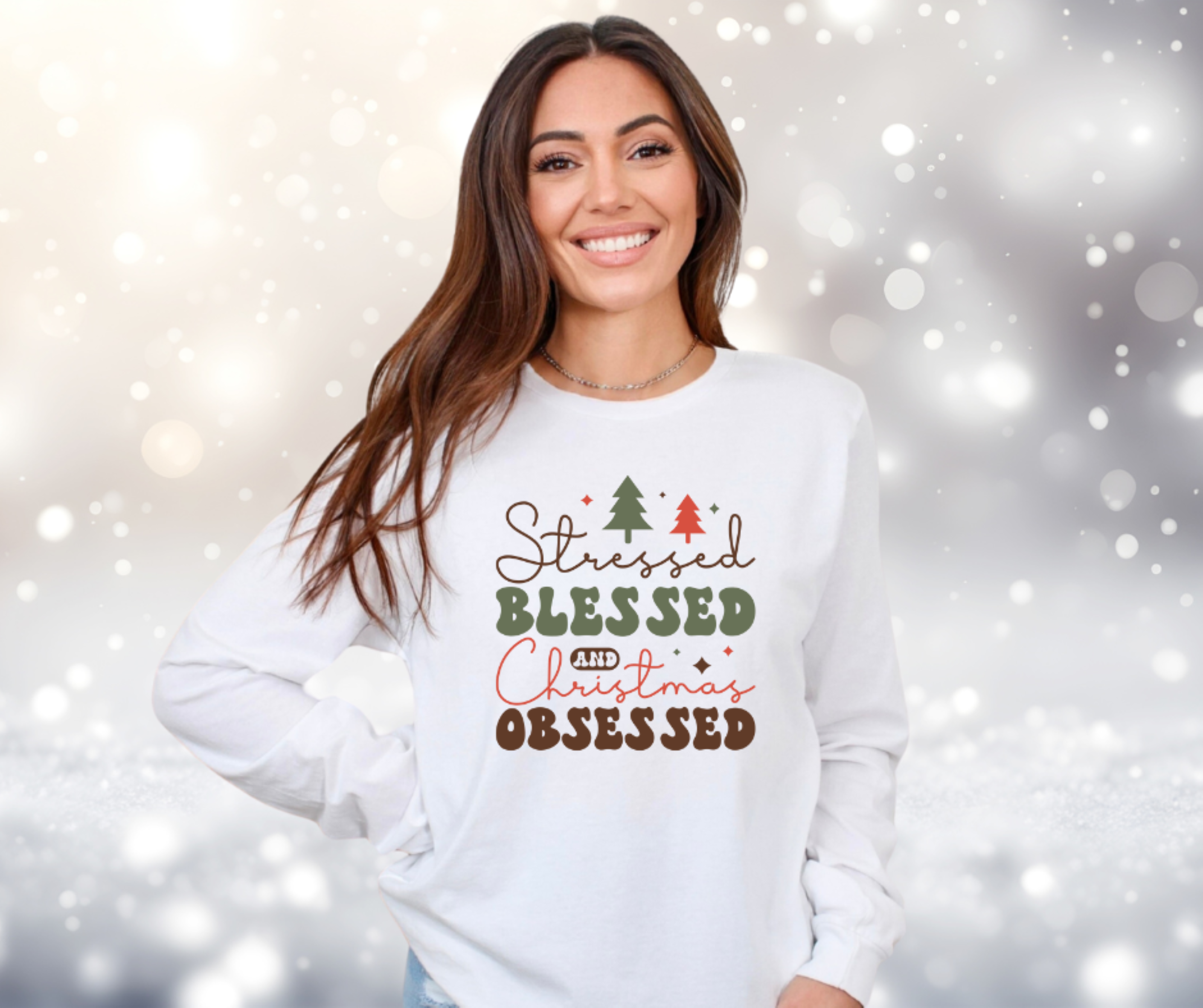 Stressed Blessed &amp; Christmas Obsessed Gildan Ultra Cotton Long Sleeve Tee, Christmas T-Shirt