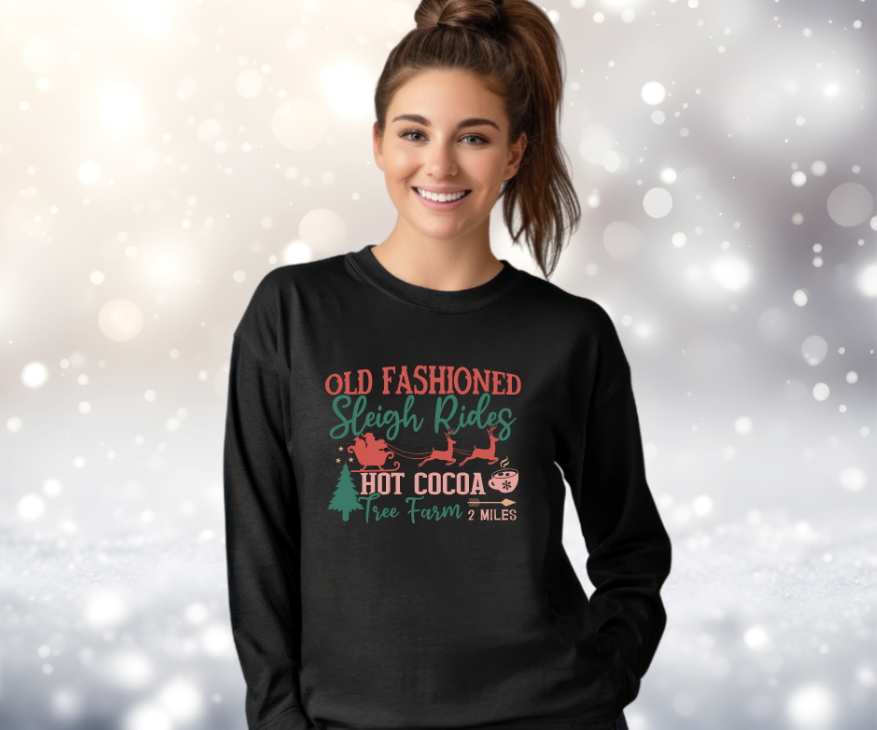 Old Fashioned Sleigh Rides, Hot Cocoa, Tree Farm Gildan Ultra Cotton Long Sleeve Tee, Christmas T-Shirt