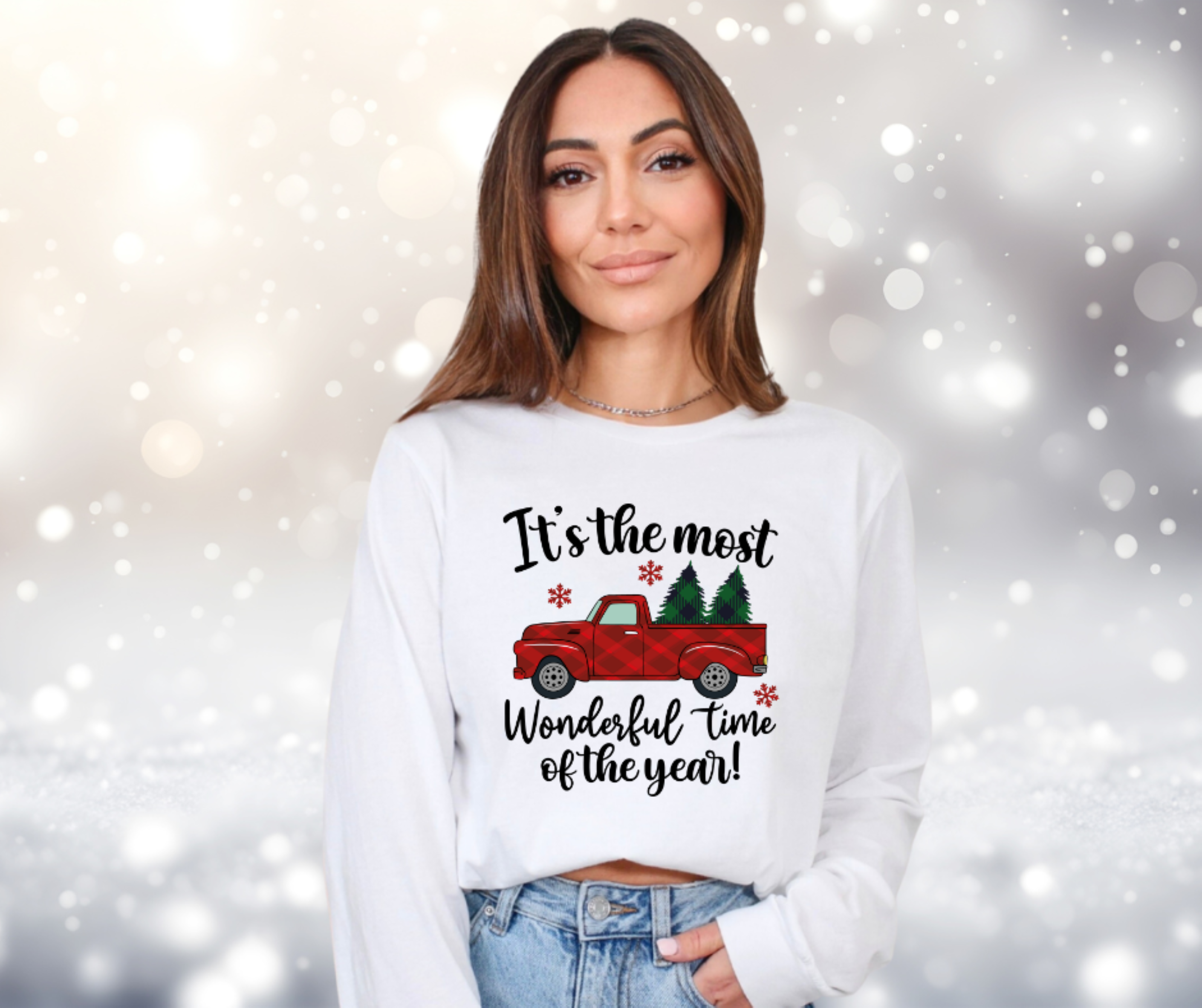 It's the Most Wonderful Time of the Year Gildan Ultra Cotton Long Sleeve Tee, Truck with Christmas Tree T-Shirt product thumbnail image