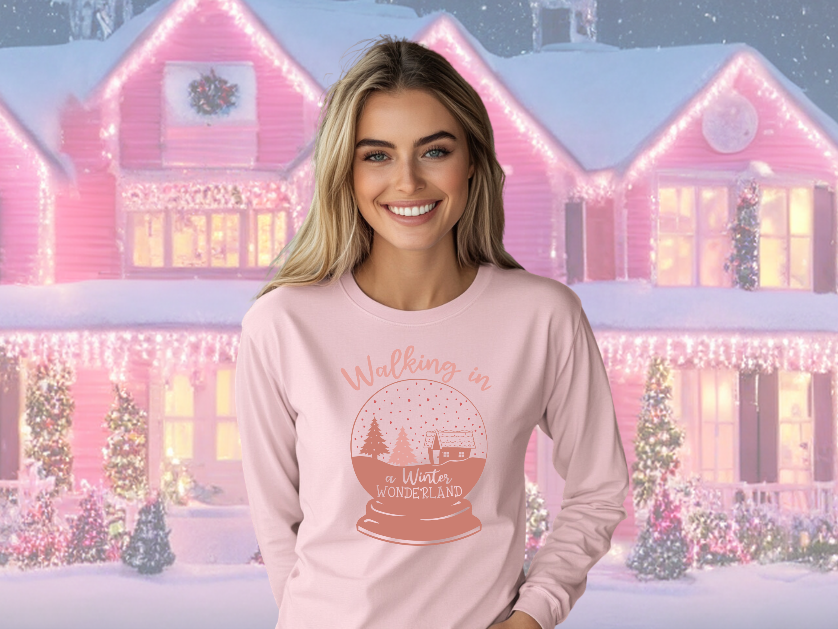 Walking in a Winter Wonderland Gildan Ultra Cotton Long Sleeve Tee, Christmas Snow Globe T-Shirt