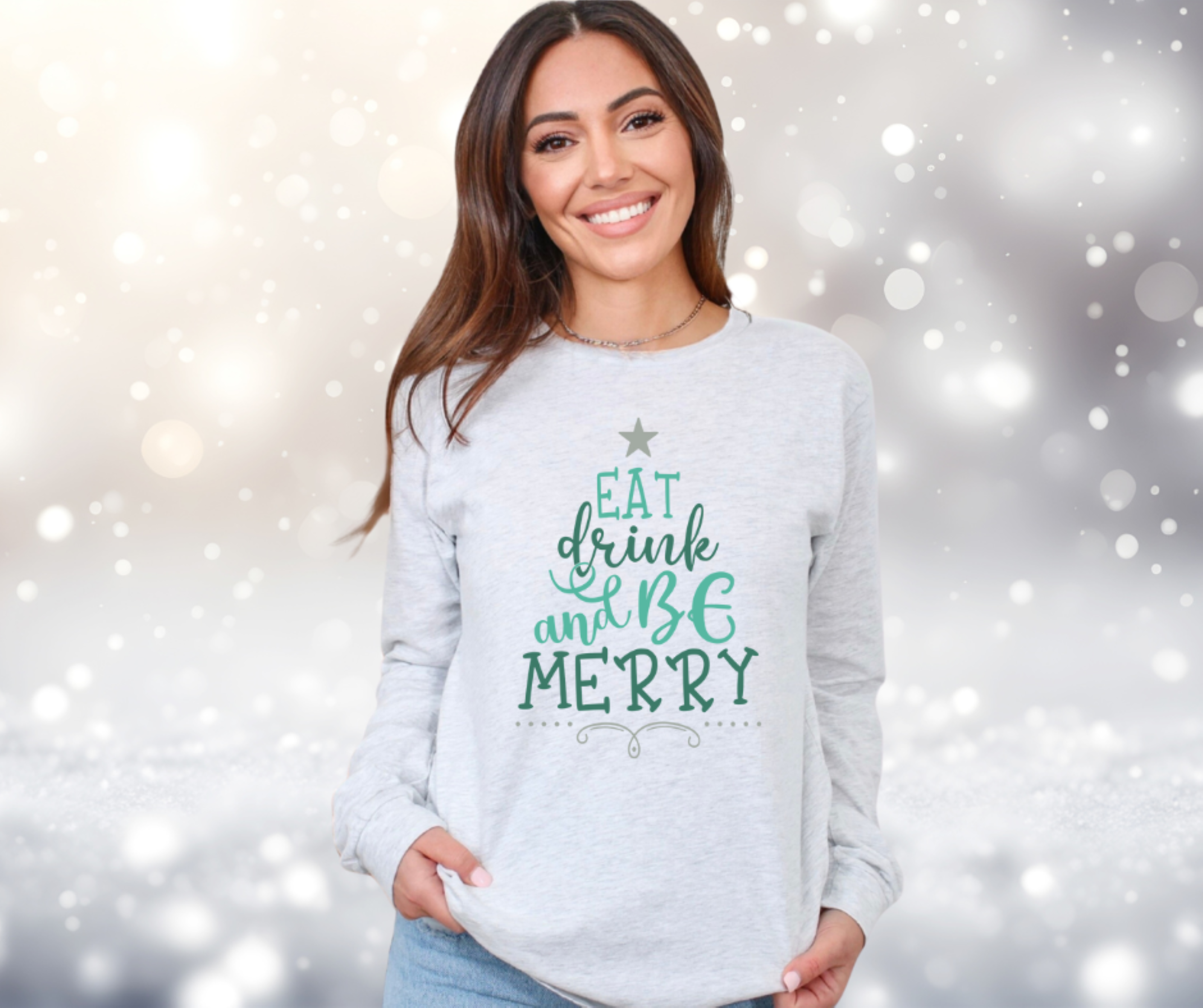 Eat Drink &amp; Be Merry Gildan Ultra Cotton Long Sleeve Tee, Christmas Tree T-Shirt