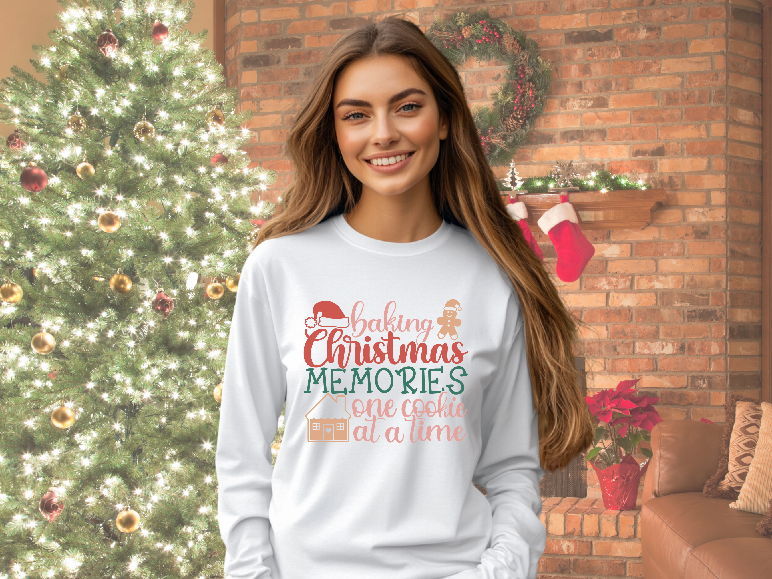 Baking Christmas Memories One Cookie at a Time Gildan Ultra Cotton Long Sleeve Tee, Christmas Gingerbread T-Shirt