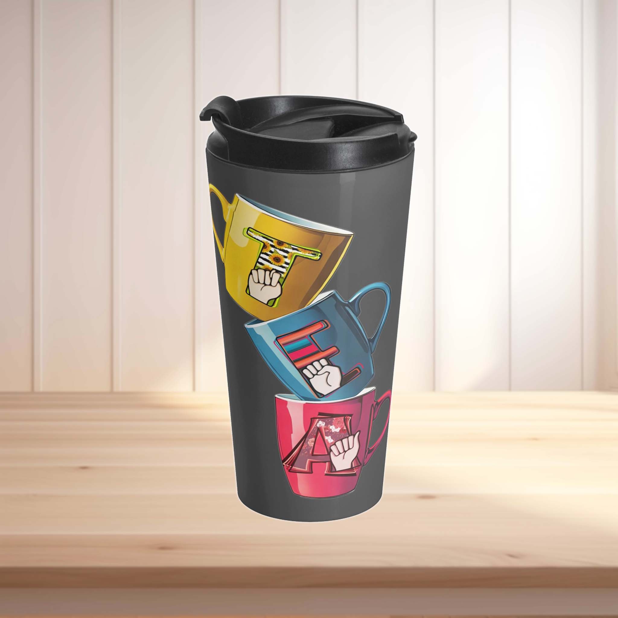 3 Mugs Fingerspelling TEA American Sign Language ASL Tumbler - 20oz Insulated Travel Mug