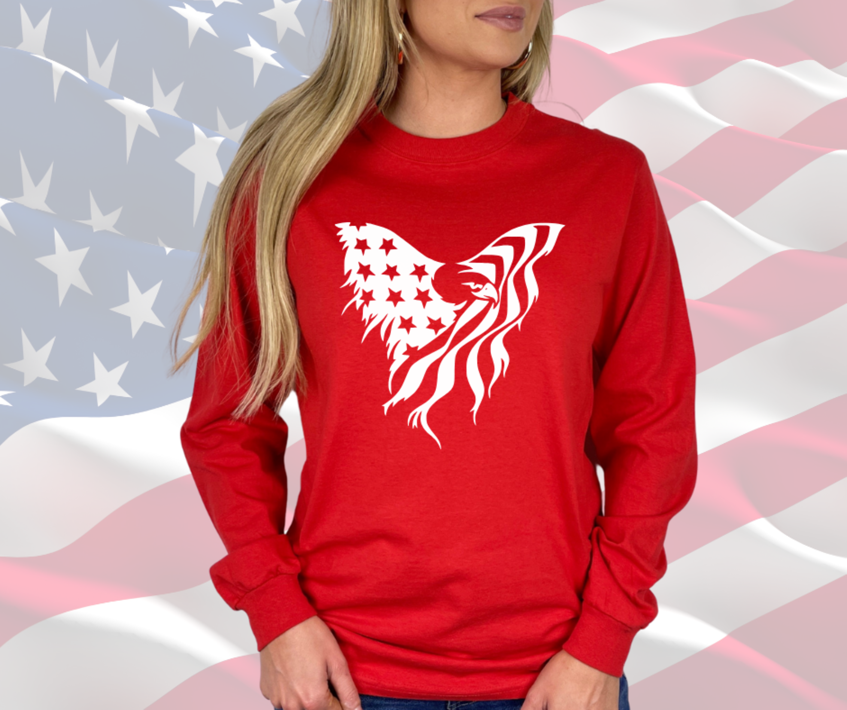 Eagle with Distressed American Flag Patriotic Tee, Gildan Ultra Cotton Long Sleeve Tee, Patriotic T-Shirt