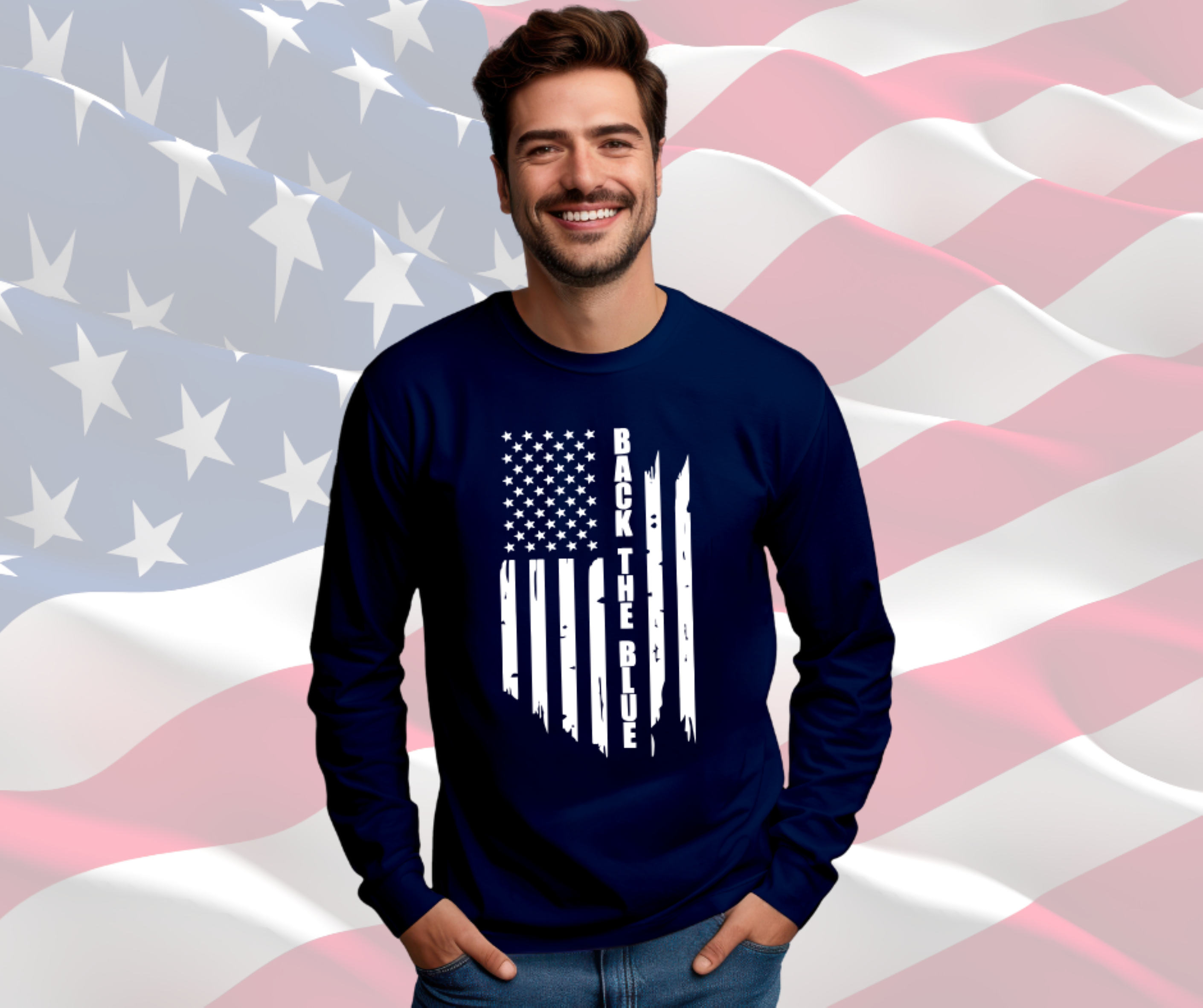 Back the Blue Distressed American Flag Patriotic Tee, Gildan Ultra Cotton Long Sleeve Tee, Patriotic T-Shirt