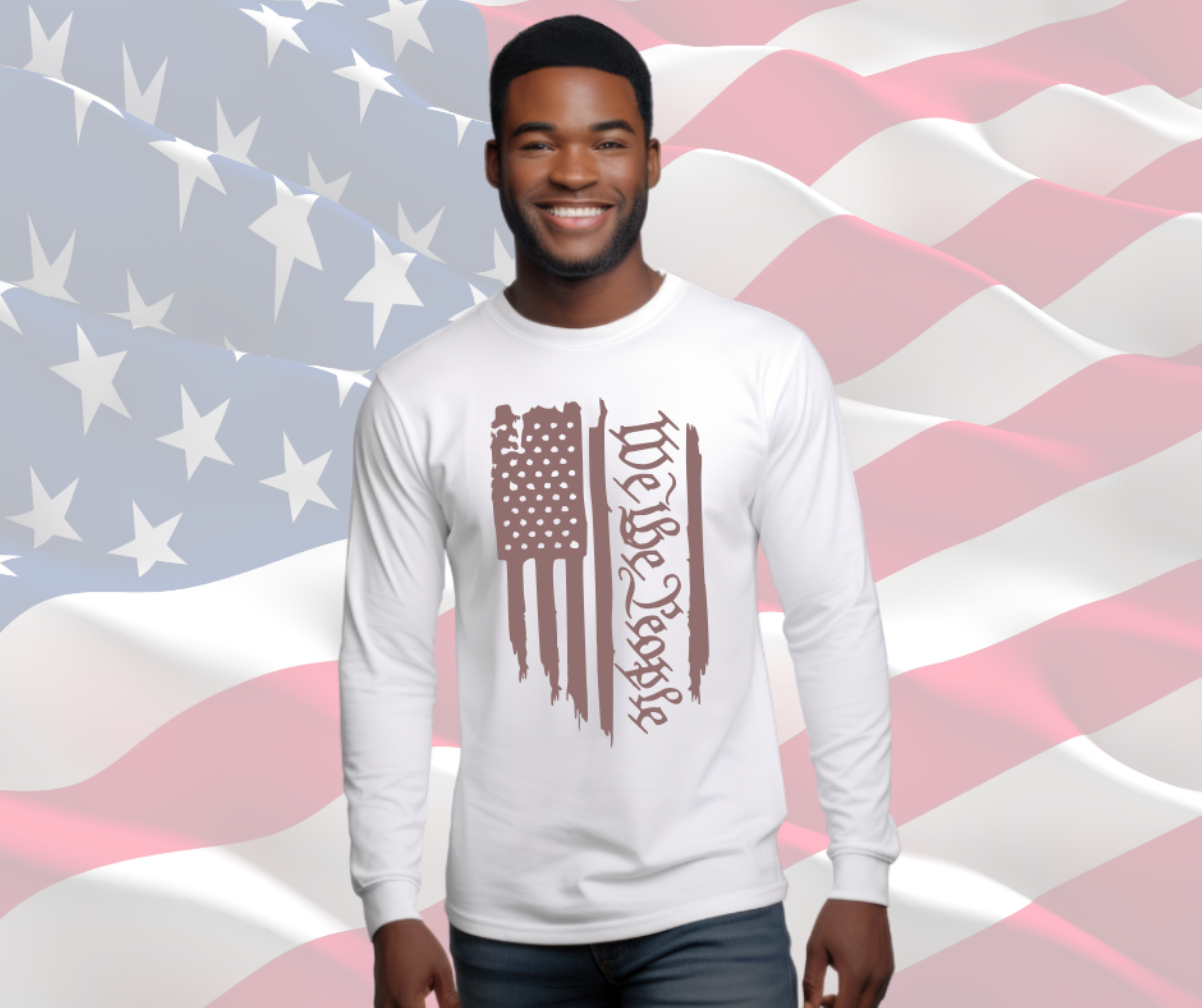 We the People Distressed American Flag Patriotic Tee, Gildan Ultra Cotton Long Sleeve Tee, Patriotic T-Shirt
