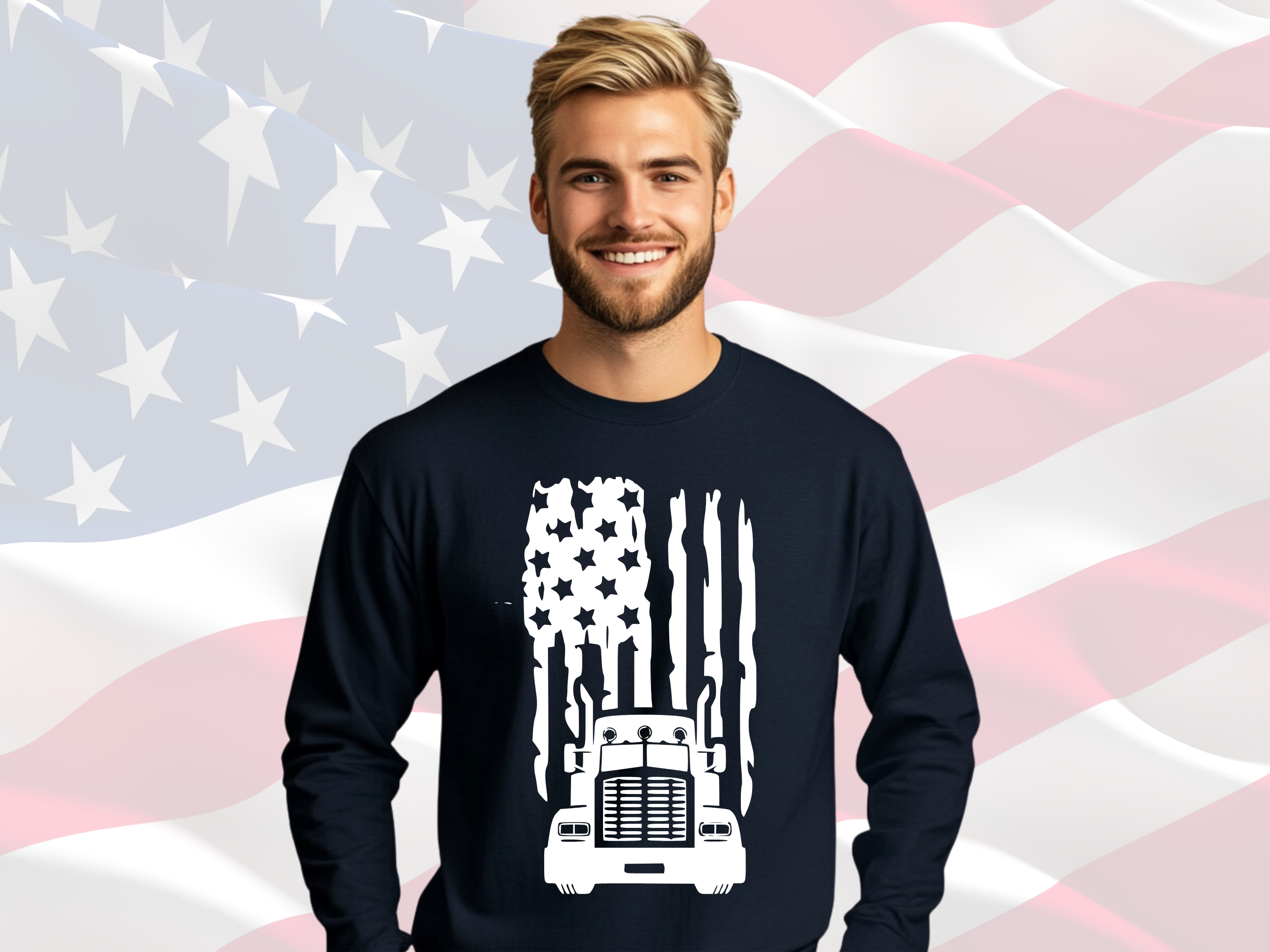 Truck with Distressed Flag Patriotic TShirt for Men or Women, Gildan Unisex Ultra Cotton Long Sleeve Tee, Patriotic Tees