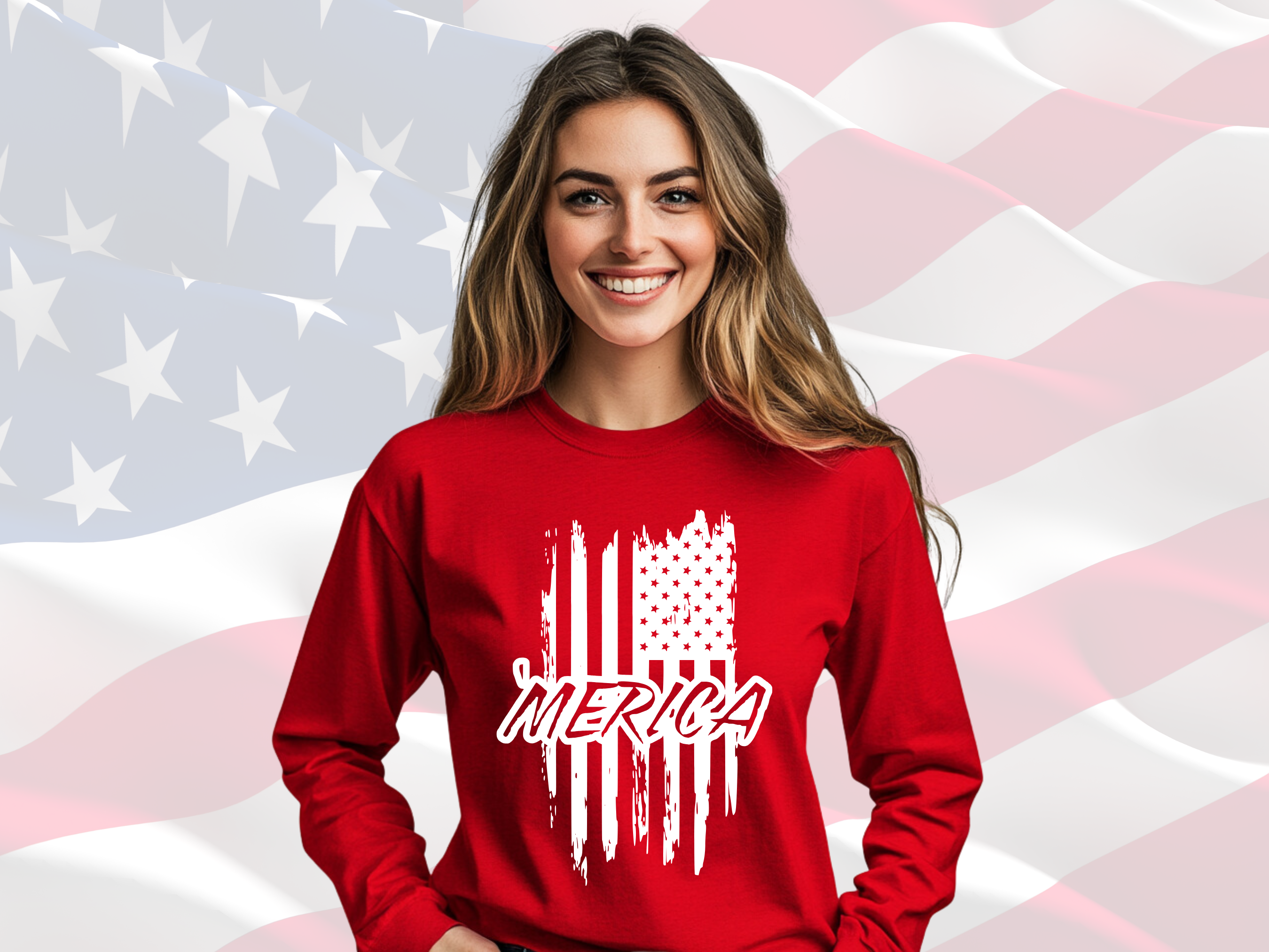Merica Distressed Flag Patriotic TShirt for Men or Women, Gildan Unisex Ultra Cotton Long Sleeve Tee, Patriotic Tees
