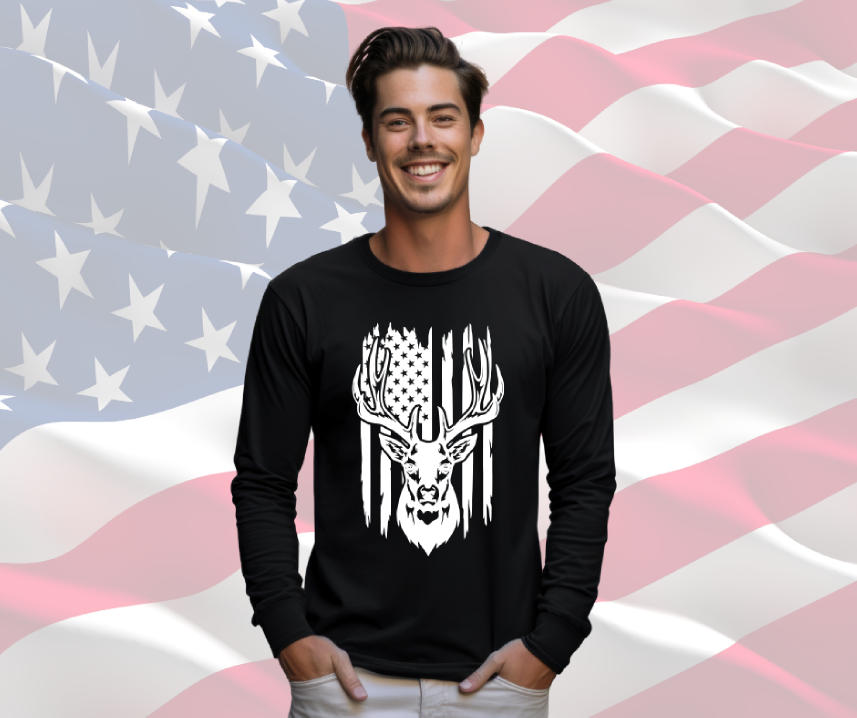 Distressed Flag with Buck Patriotic TShirt for Men or Women, Gildan Unisex Ultra Cotton Long Sleeve Tee, Patriotic Tees