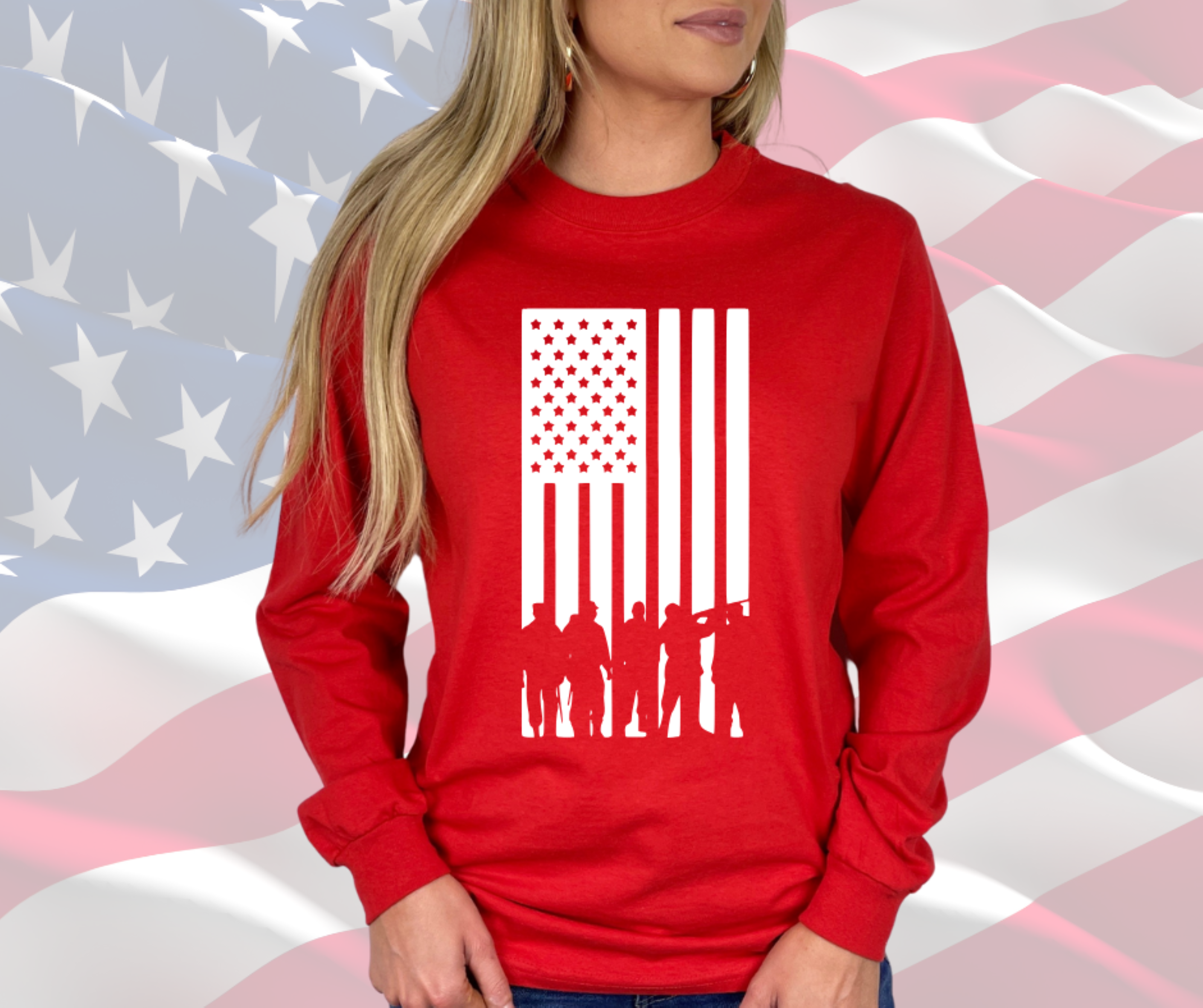 American Flag with Military Patriotic TShirt for Men or Women, Gildan Unisex Ultra Cotton Long Sleeve Tee, Patriotic Tees
