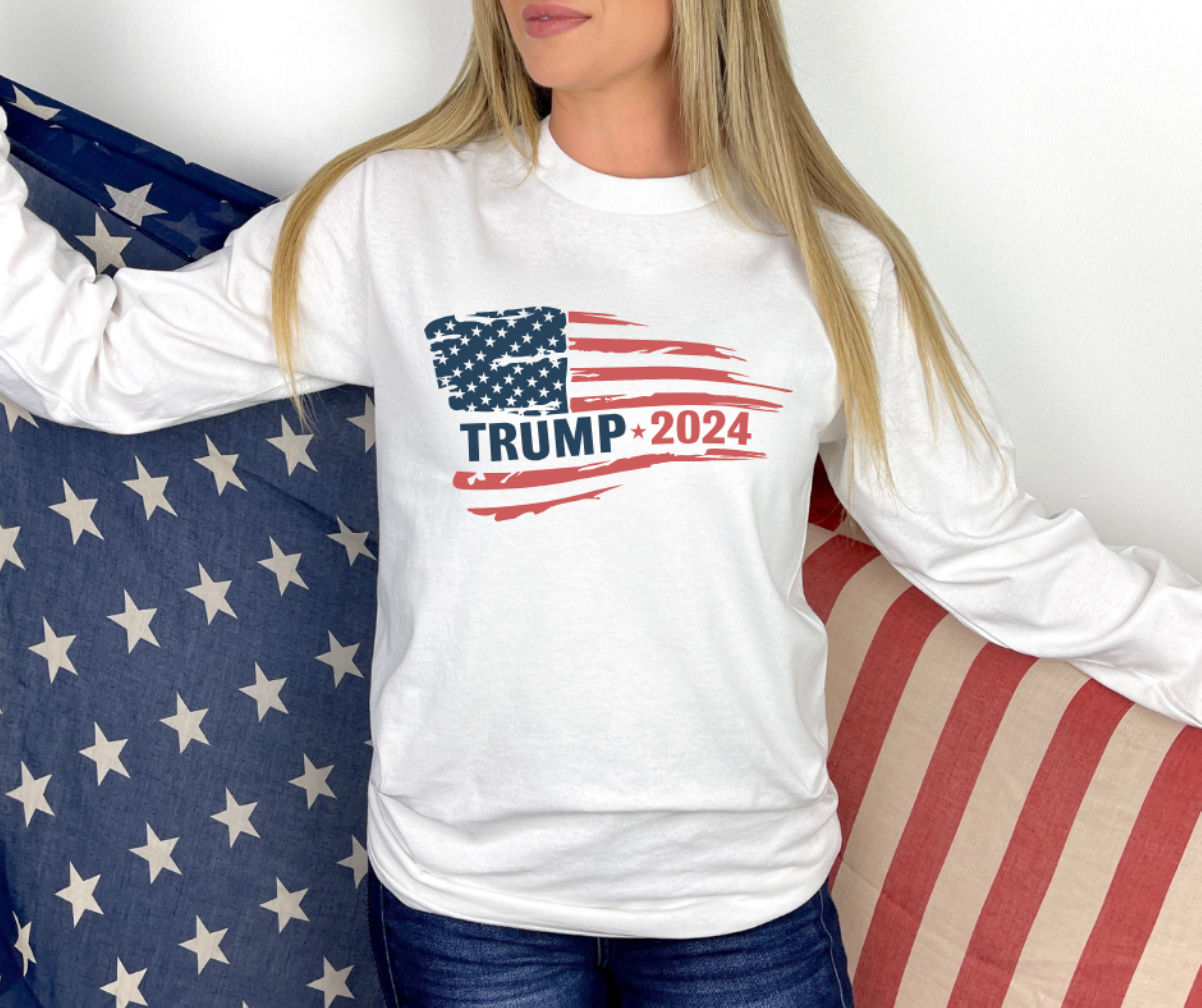 Trump 2024 Distressed Flag Patriotic Tee, Gildan Ultra Cotton Long Sleeve Tee, Patriotic T-Shirt