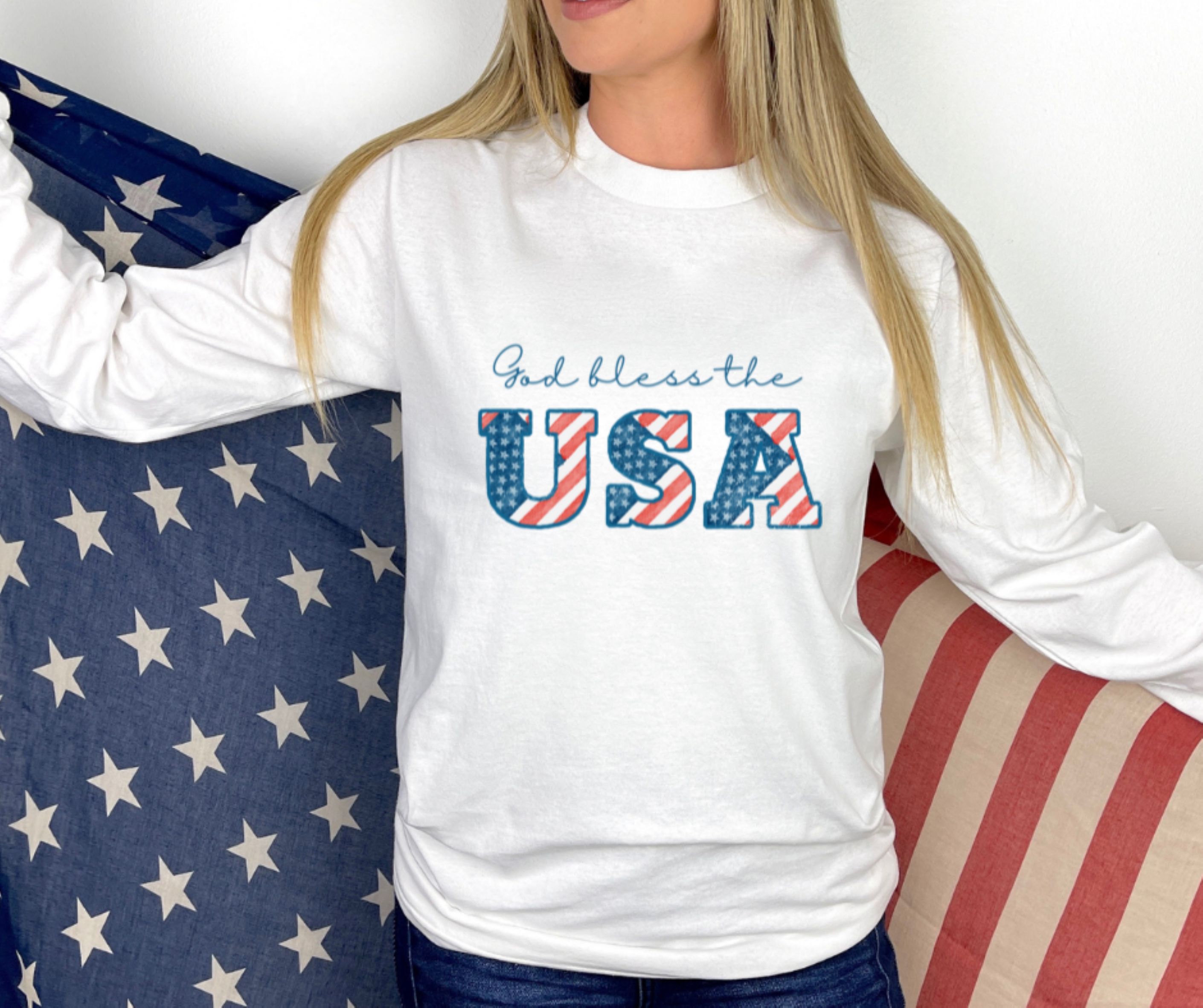 God Bless the USA Patriotic Tee, Gildan Ultra Cotton Long Sleeve Tee, Patriotic T-Shirt