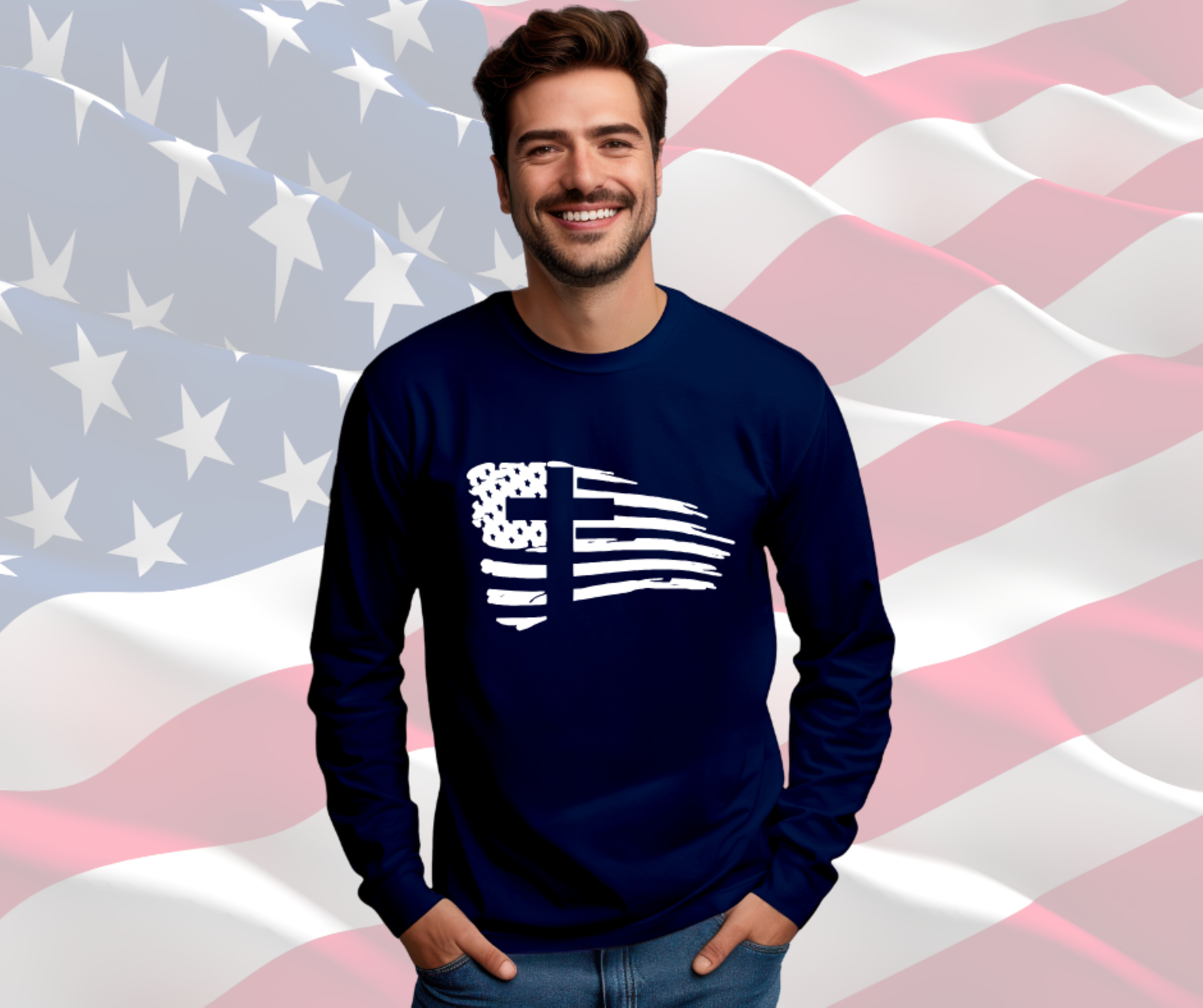 Cross with Distressed American Flag Patriotic Tee, Gildan Ultra Cotton Long Sleeve Tee, Christian Patriotic T-Shirt