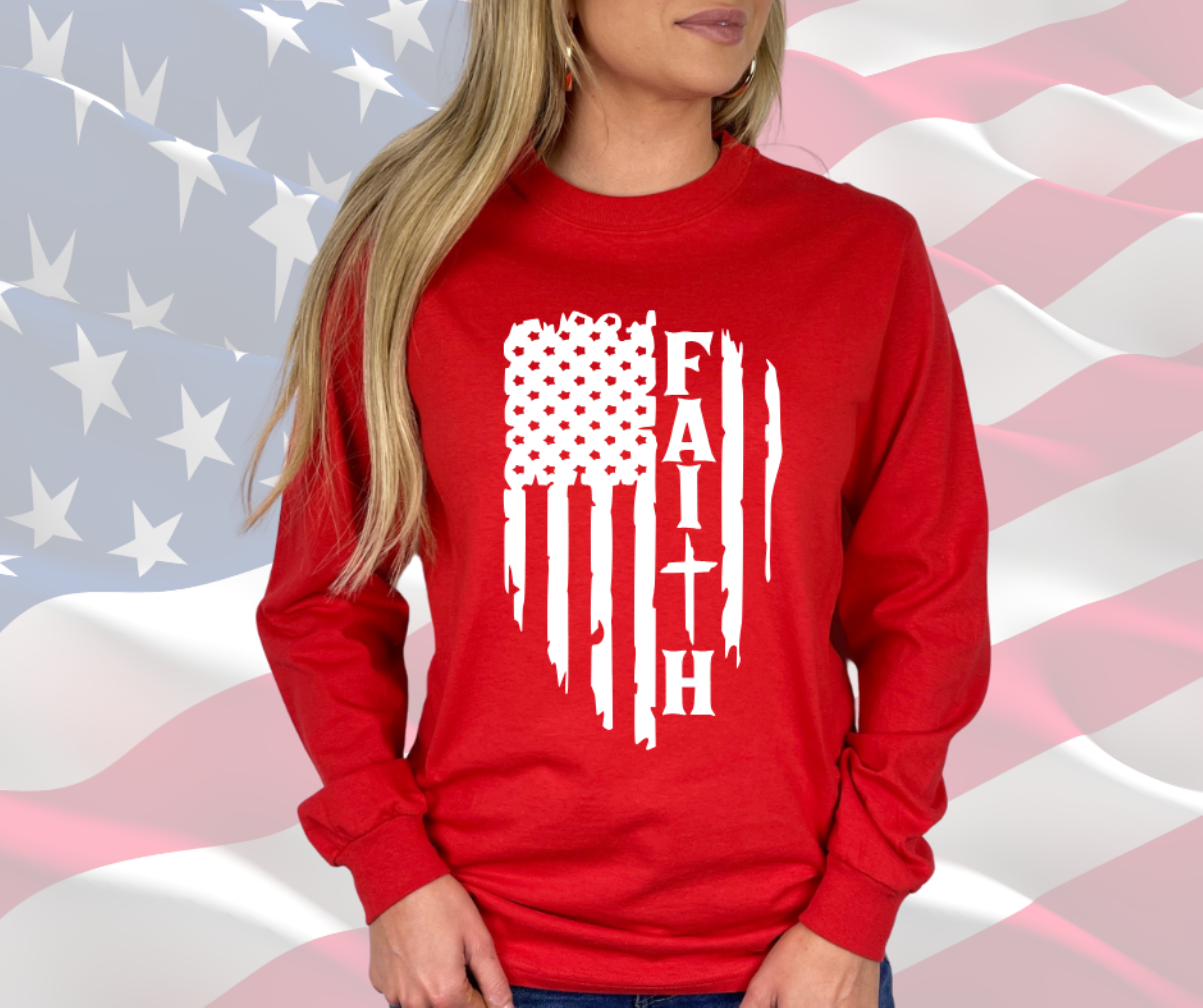 Faith Distressed American Flag Patriotic Tee, Gildan Ultra Cotton Long Sleeve Tee, Christian Patriotic T-Shirt