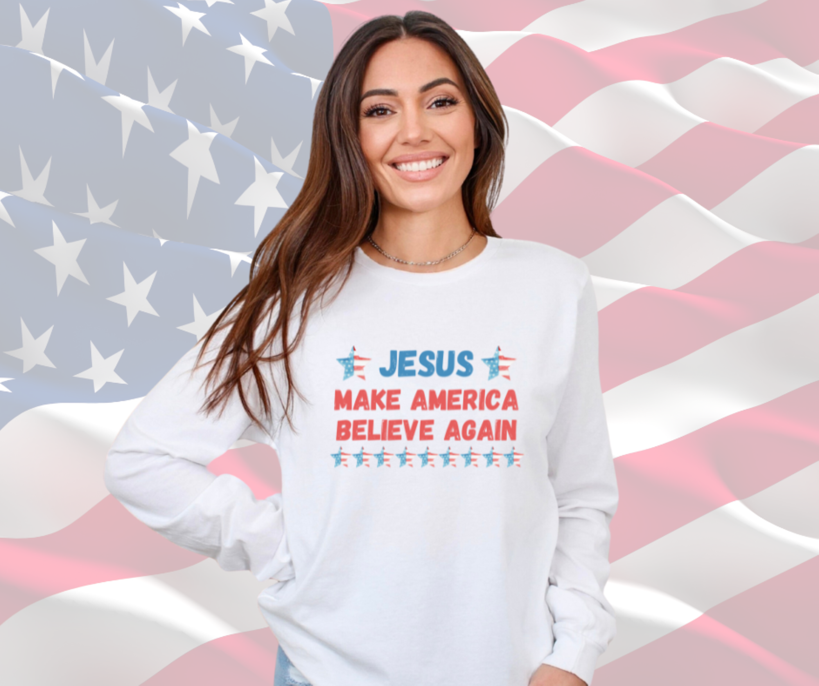 Jesus Make America Believe Again Patriotic Tee, Gildan Ultra Cotton Long Sleeve Tee, Christian Patriotic T-Shirt
