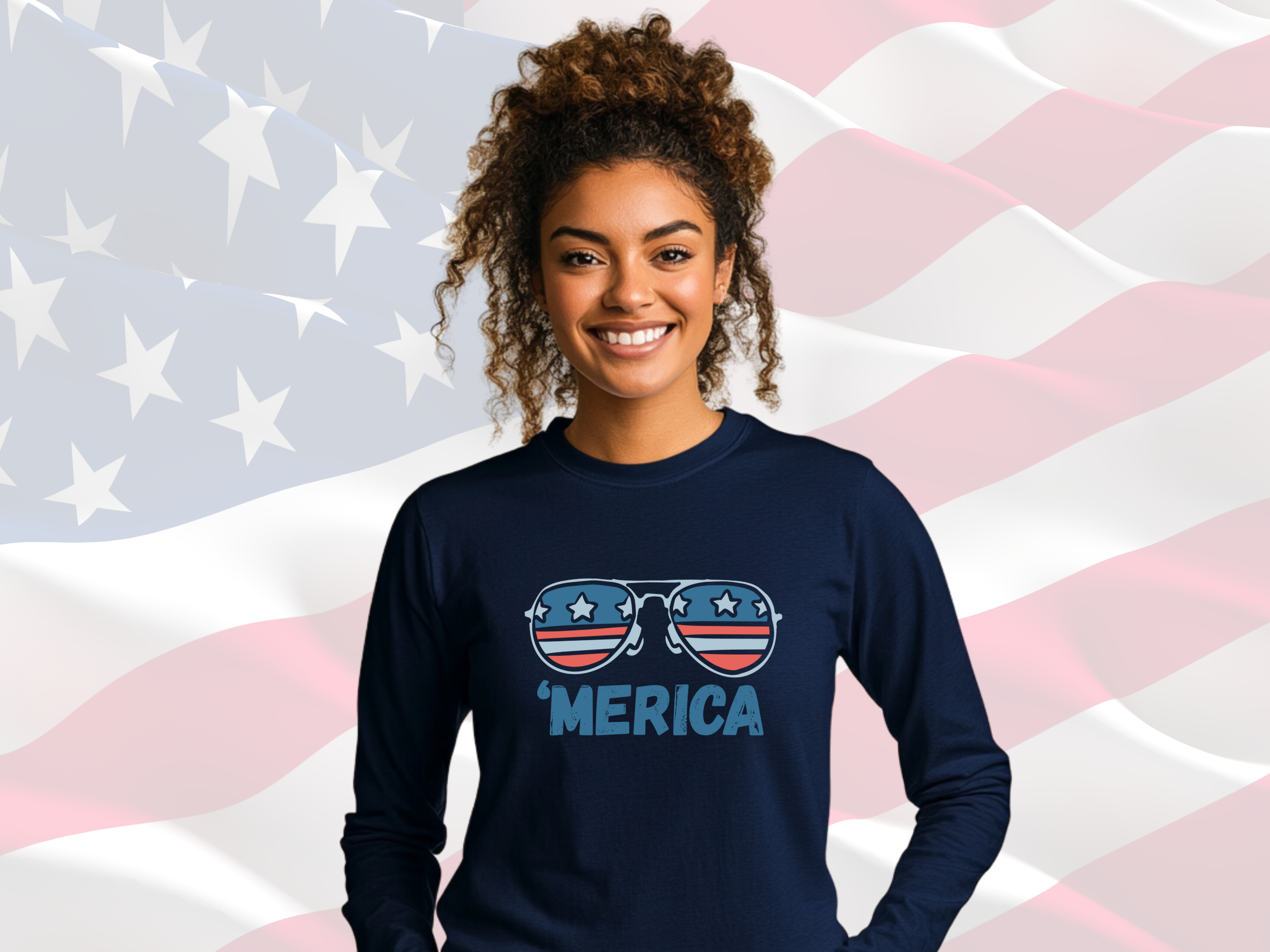 'Merica Sunglasses Patriotic Tee, Gildan Ultra Cotton Long Sleeve Tee, Patriotic T-Shirt product thumbnail image
