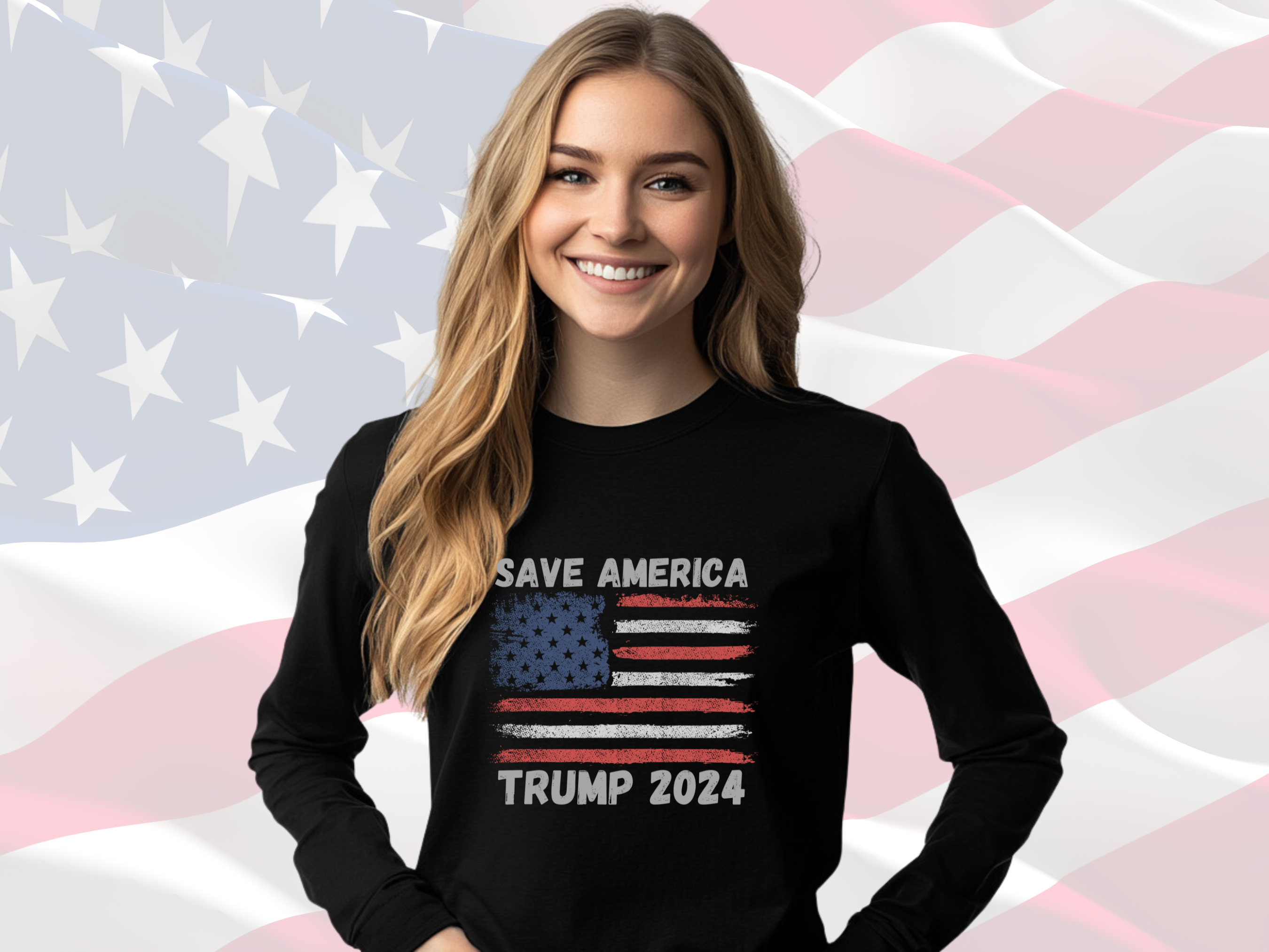 Save America Trump 2024 Patriotic Tee with American Flag, Gildan Ultra Cotton Long Sleeve Tee, Patriotic T-Shirt