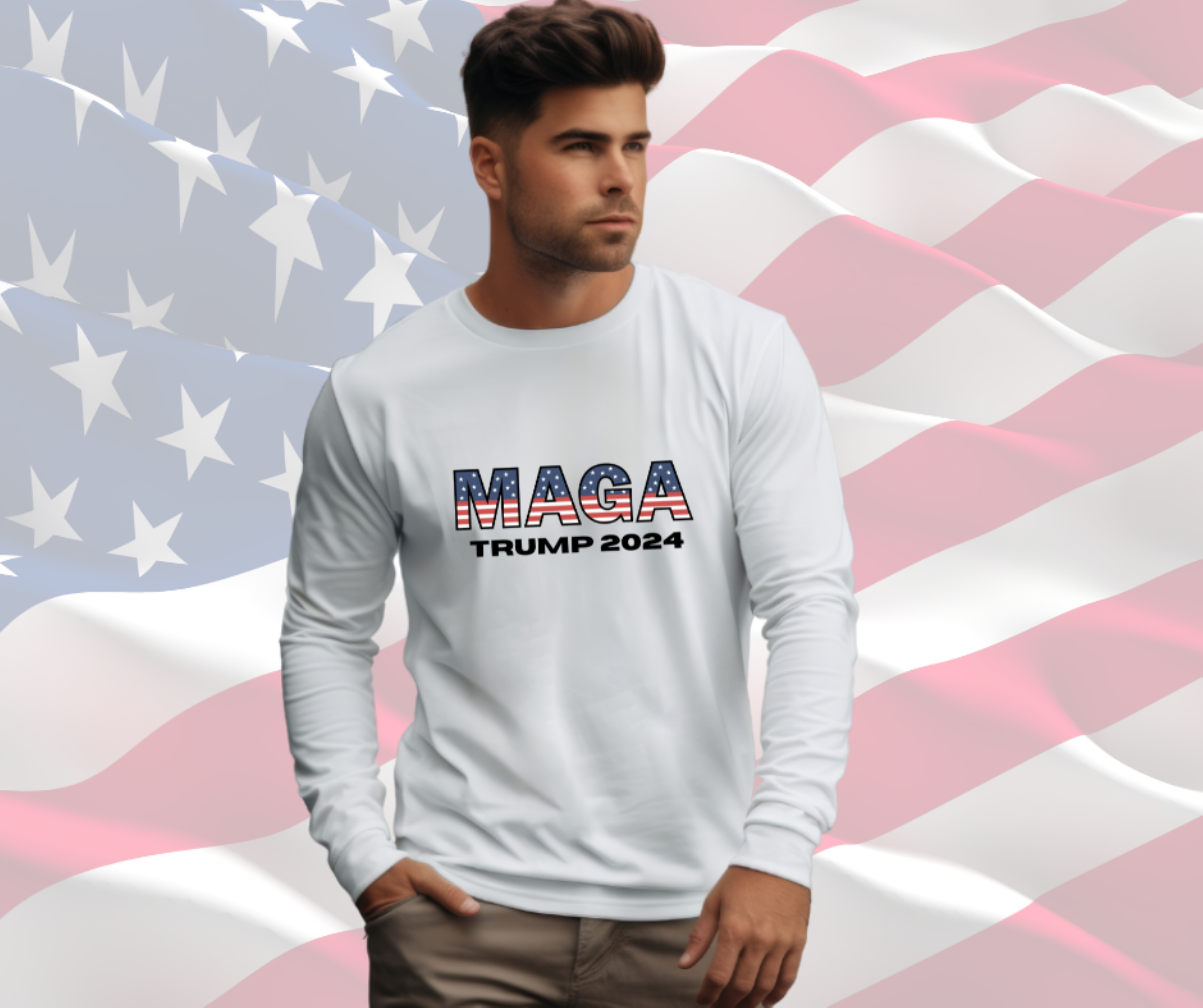 MAGA Trump 2024 Patriotic Tee, Gildan Ultra Cotton Long Sleeve Tee, Patriotic T-Shirt