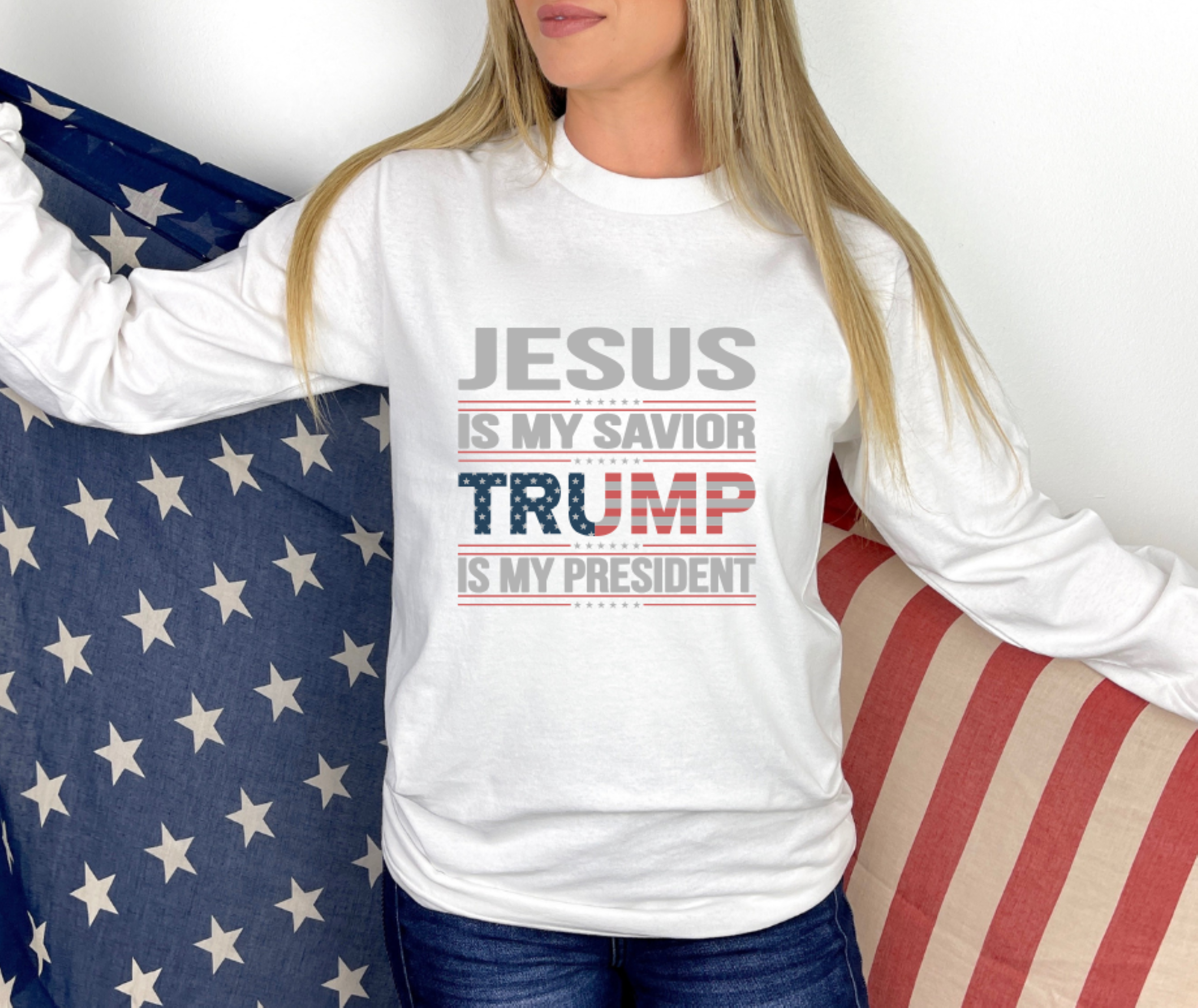 Jesus is My Savior Trump is My President Patriotic Tee, Gildan Ultra Cotton Long Sleeve Tee product thumbnail image