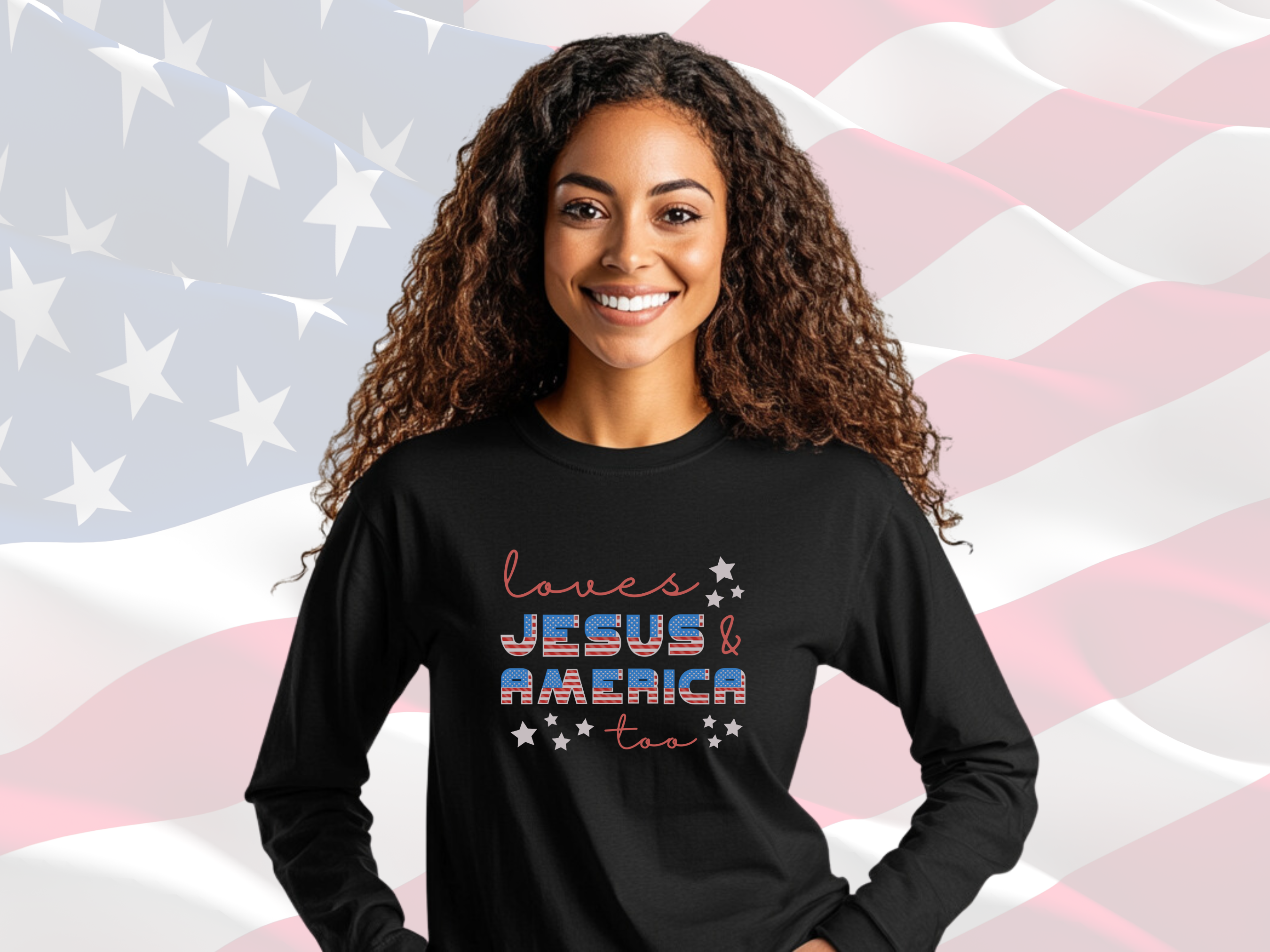 Loves Jesus &amp; America Too Patriotic Tee, Gildan Ultra Cotton Long Sleeve Tee, Christian Patriotic T-Shirt