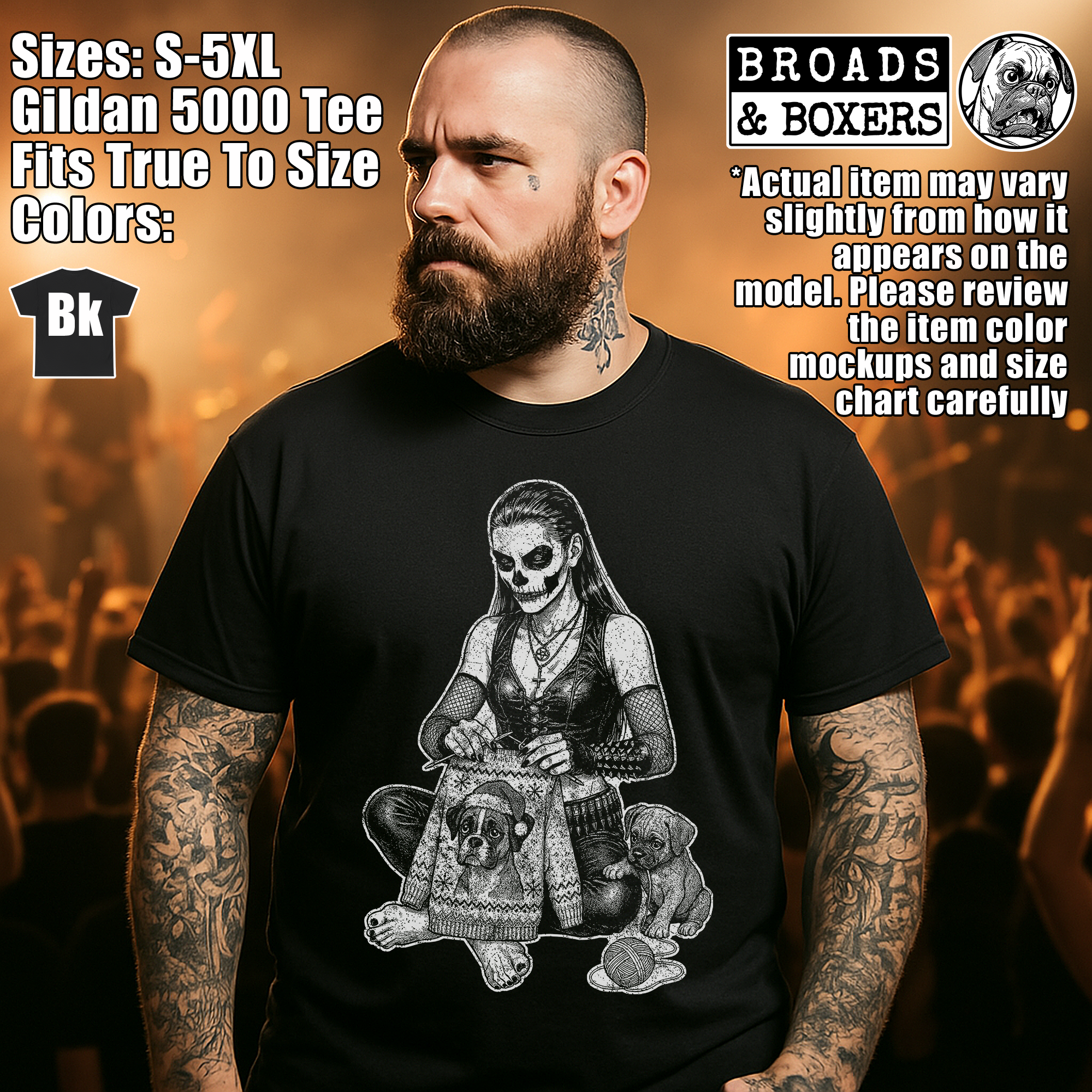 Metal Maiden And Boxer Puppy's Heavy Metal Christmas T-Shirt | Black Metal Boxer Dog Crocheting A Holiday Sweater Tee | Gothic Punk Shirt product thumbnail image