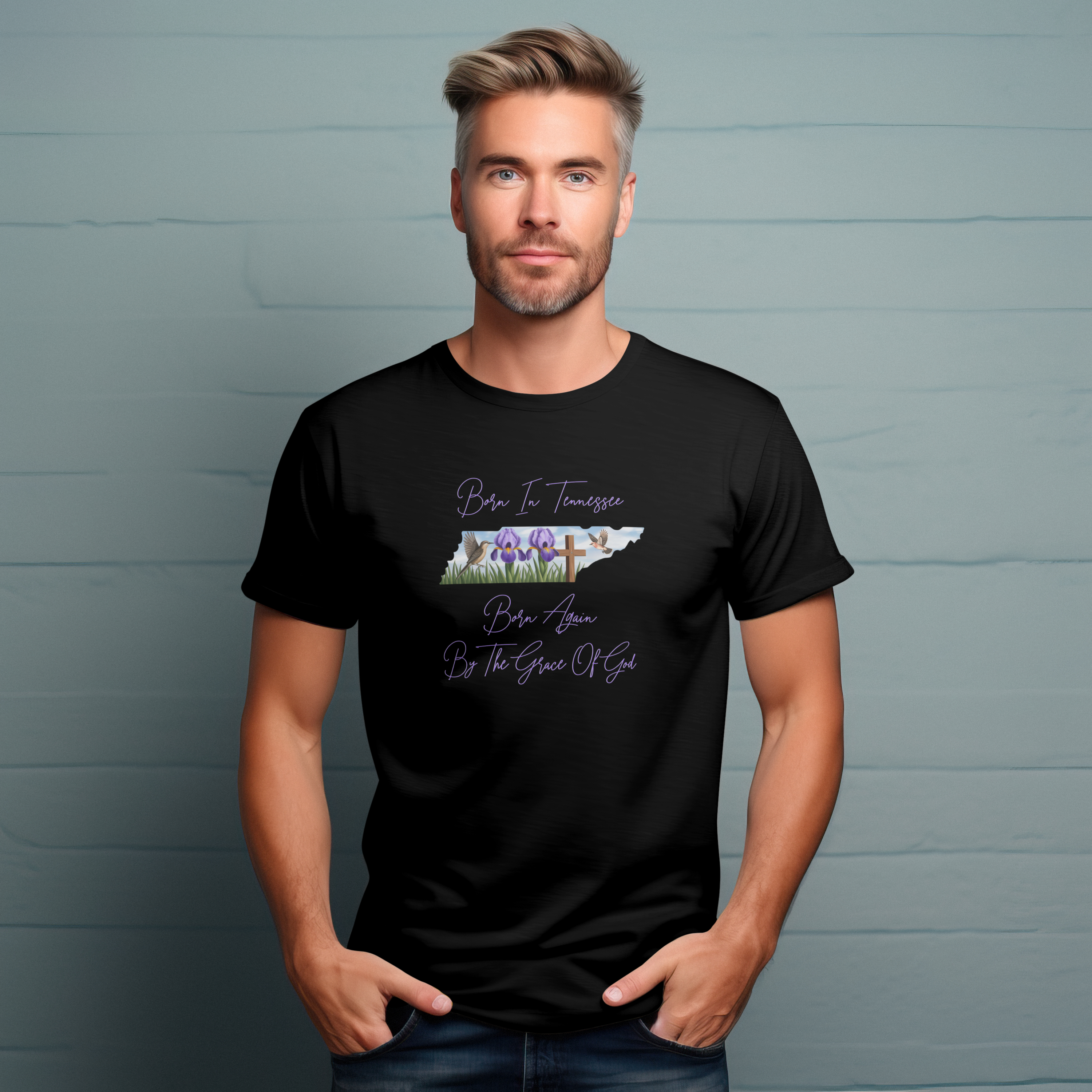 Born In Tennessee Born Again By The Grace Of God T-Shirt, Unisex Graphic Tee, Nature Lover Gift, Spring Apparel, Southern Pride Wear, Faith-Inspired Shirt product thumbnail image