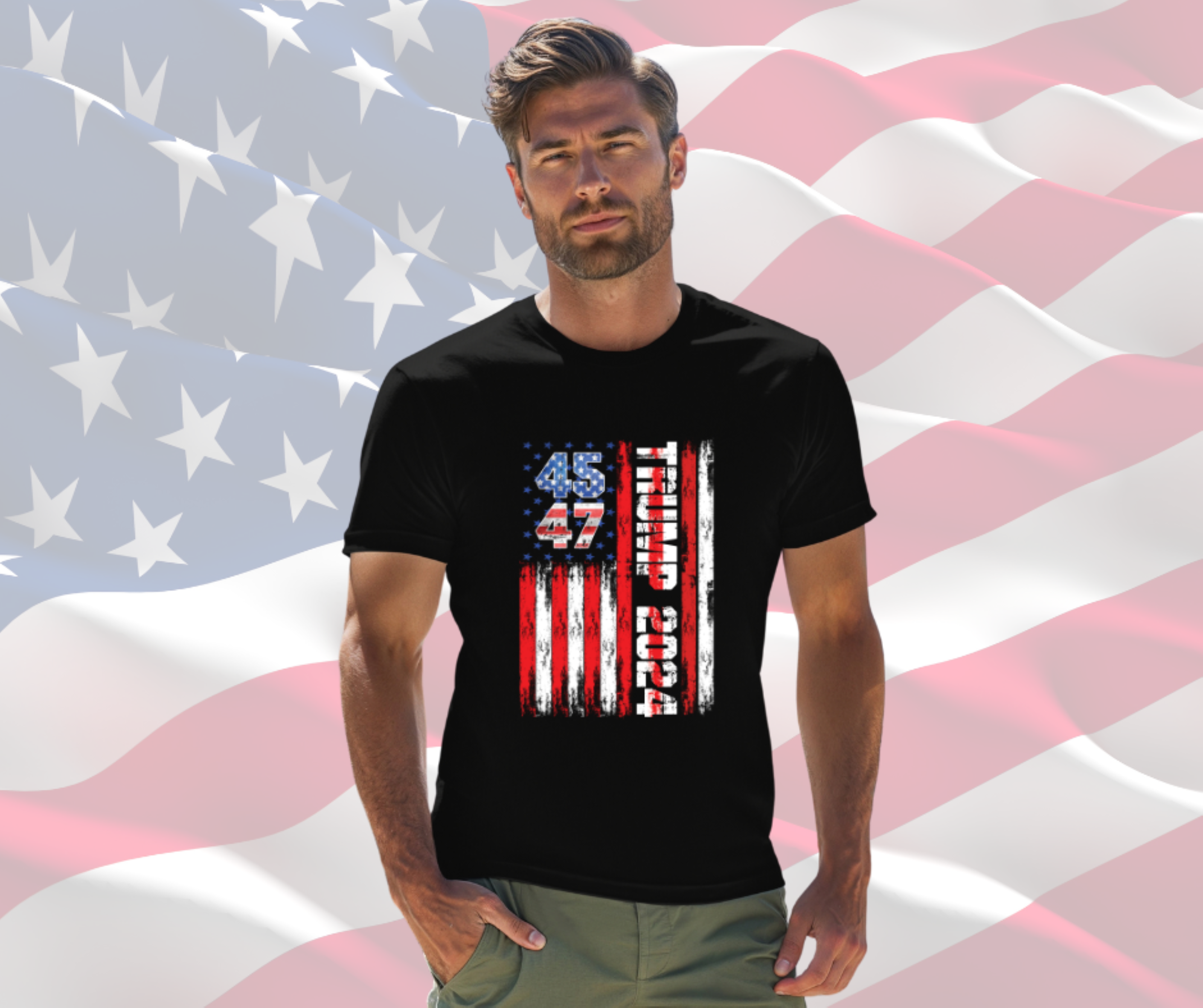 Trump 45 47 Shirt, Patriotic T-Shirt for Men &amp; Women, Gilden Unisex Softstyle Short Sleeve Tee, Trump Distressed Flag product thumbnail image