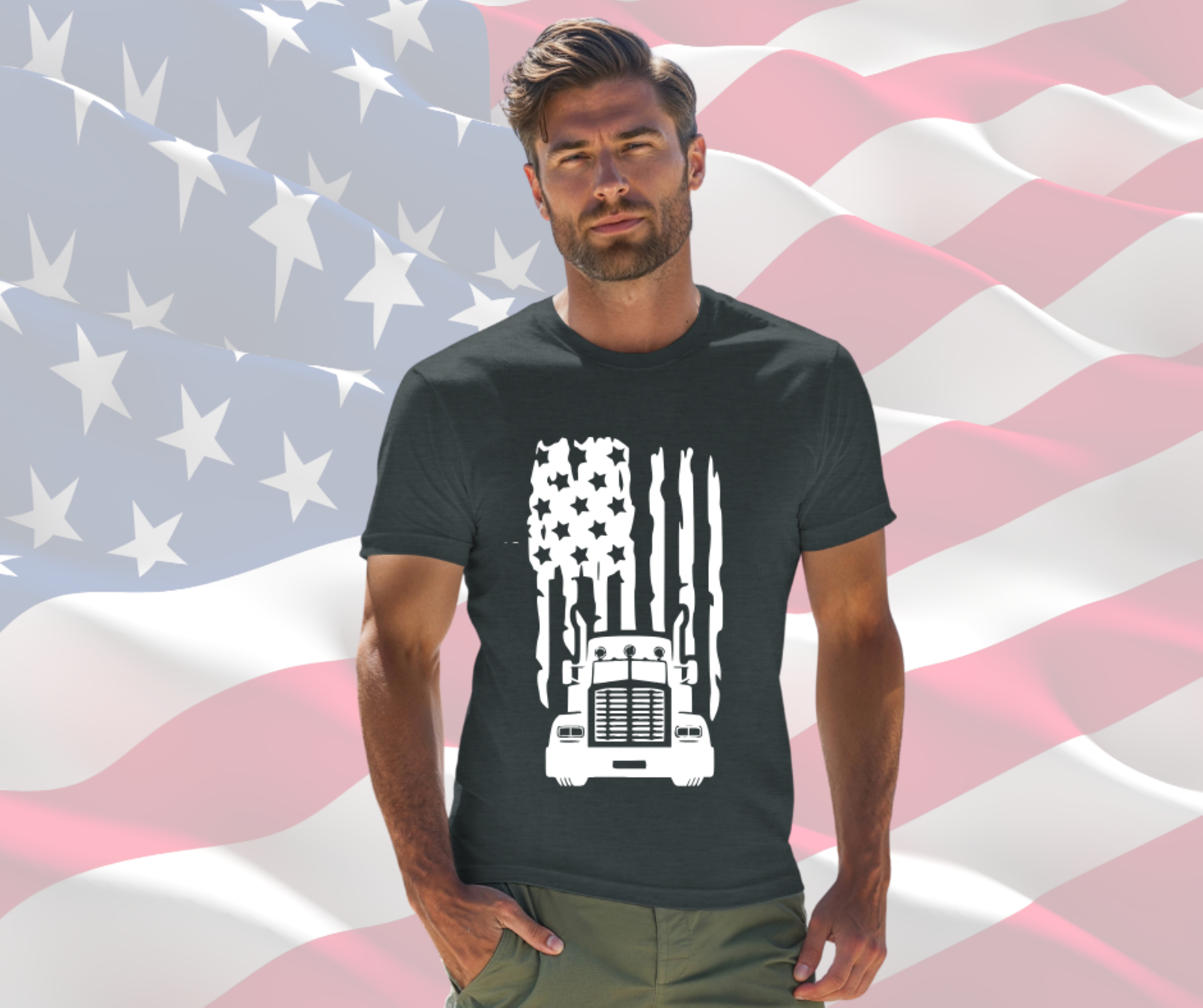 Distressed Flag with Truck Patriotic Shirt for Men &amp; Women, Gilden Unisex Softstyle Short Sleeve Tee, Trucker Tee