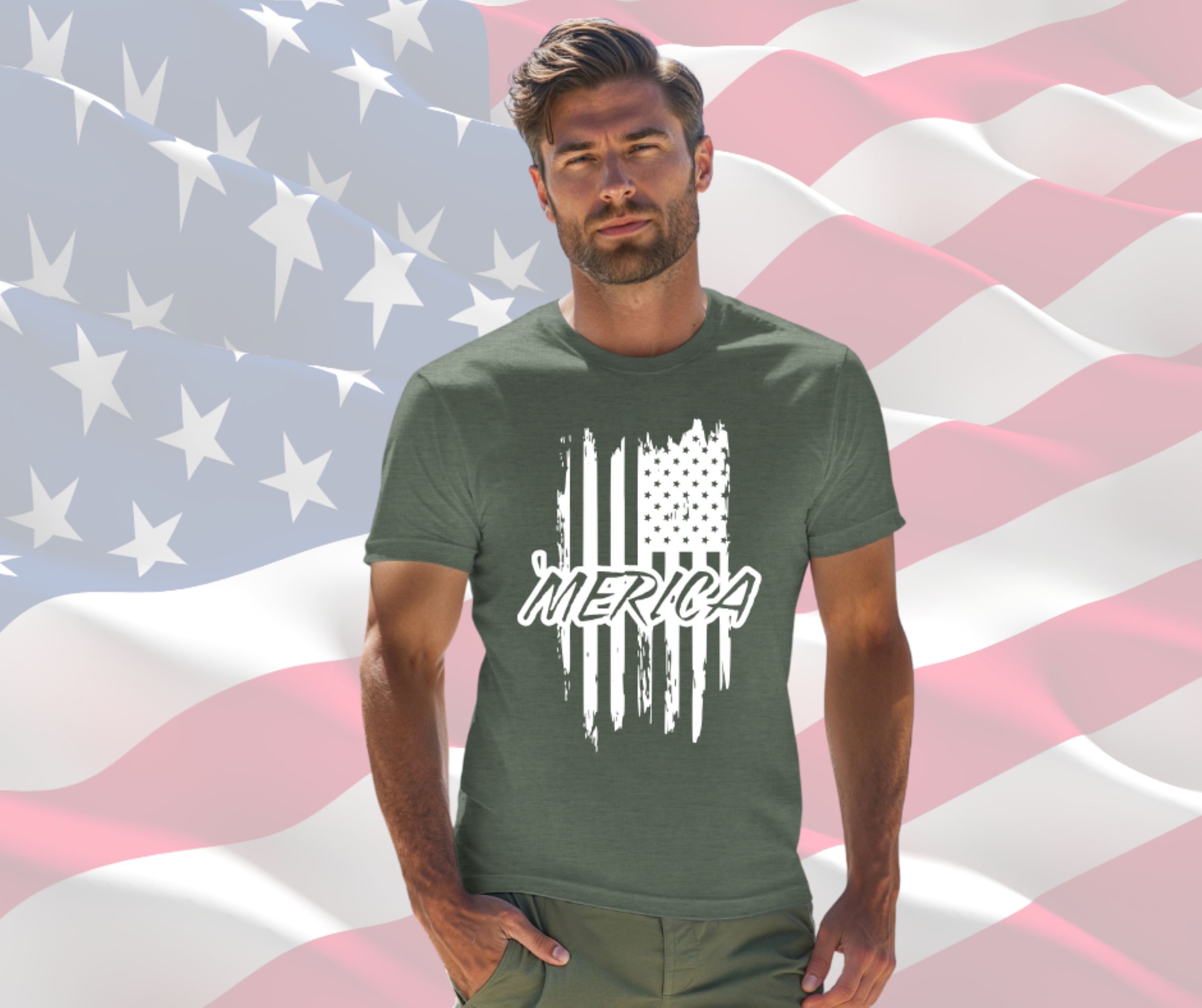 Merica Distressed Flag Patriotic Shirt for Men &amp; Women, Gilden Unisex Softstyle Short Sleeve Tee