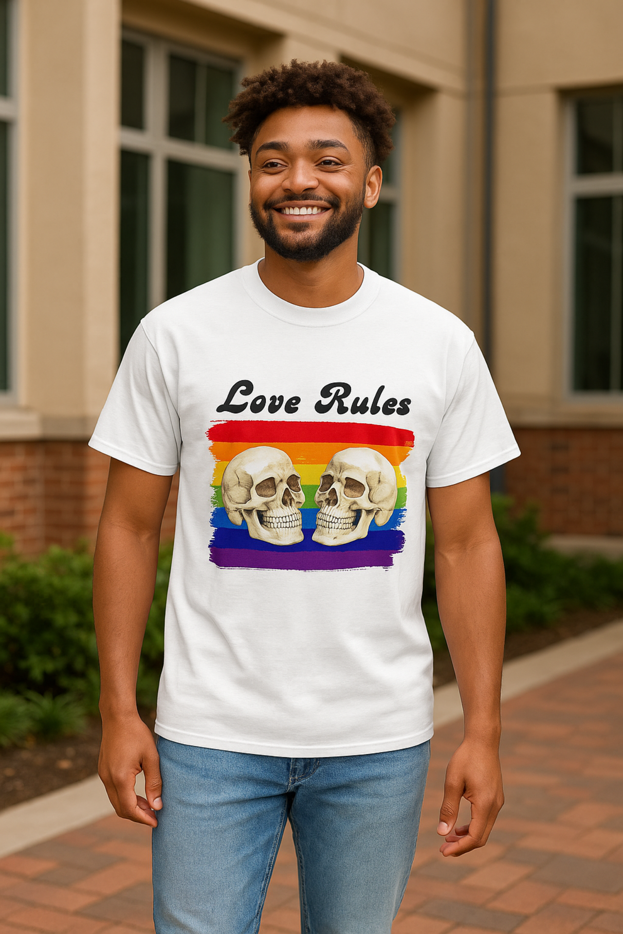 Love Rules Skull T-shirt, Unisex Garment-Dyed Tee, Pride Apparel, LGBTQ+ Gift, Casual Wear, Streetwear Style product thumbnail image Love Rules Skull T-shirt, Unisex Garment-Dyed Tee, Pride Apparel, LGBTQ+ Gift, Casual Wear, Streetwear Style product thumbnail image
