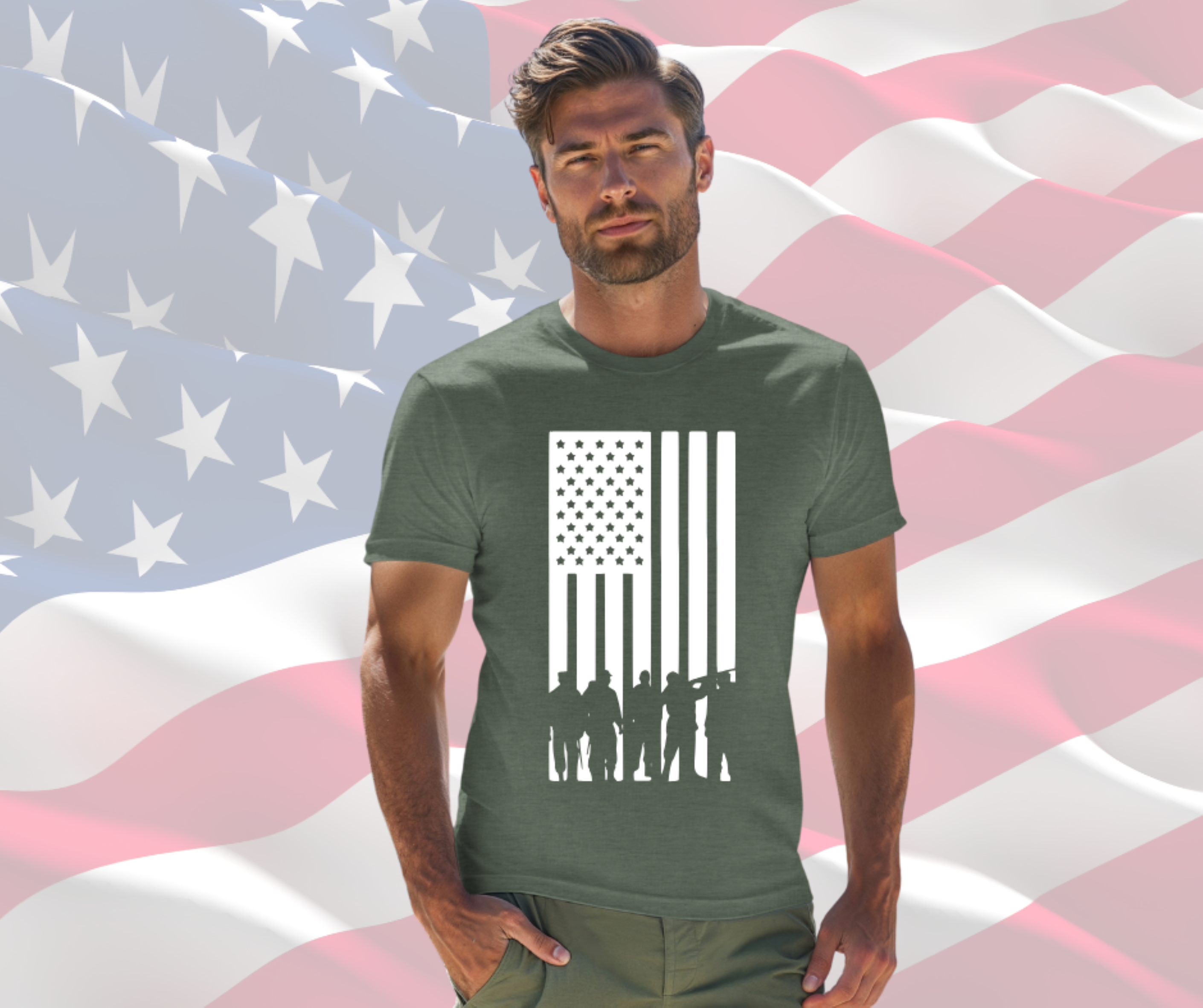 American Flag with Military Patriotic T-Shirt for Men &amp; Women, Gilden Unisex Softstyle Short Sleeve Tee