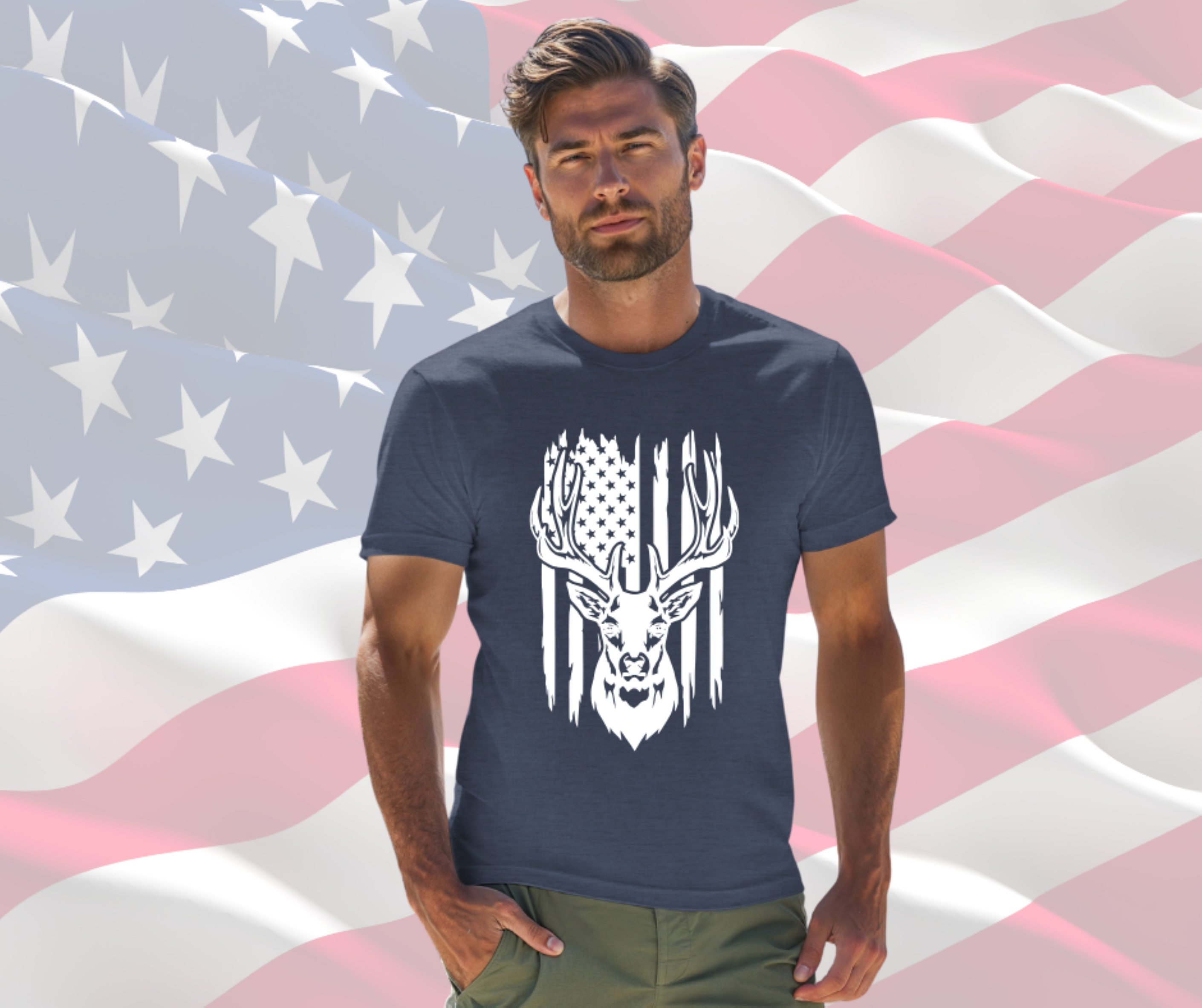 Distressed Flag with Buck Shirt for Men &amp; Women, Gilden Unisex Softstyle Short Sleeve Tee