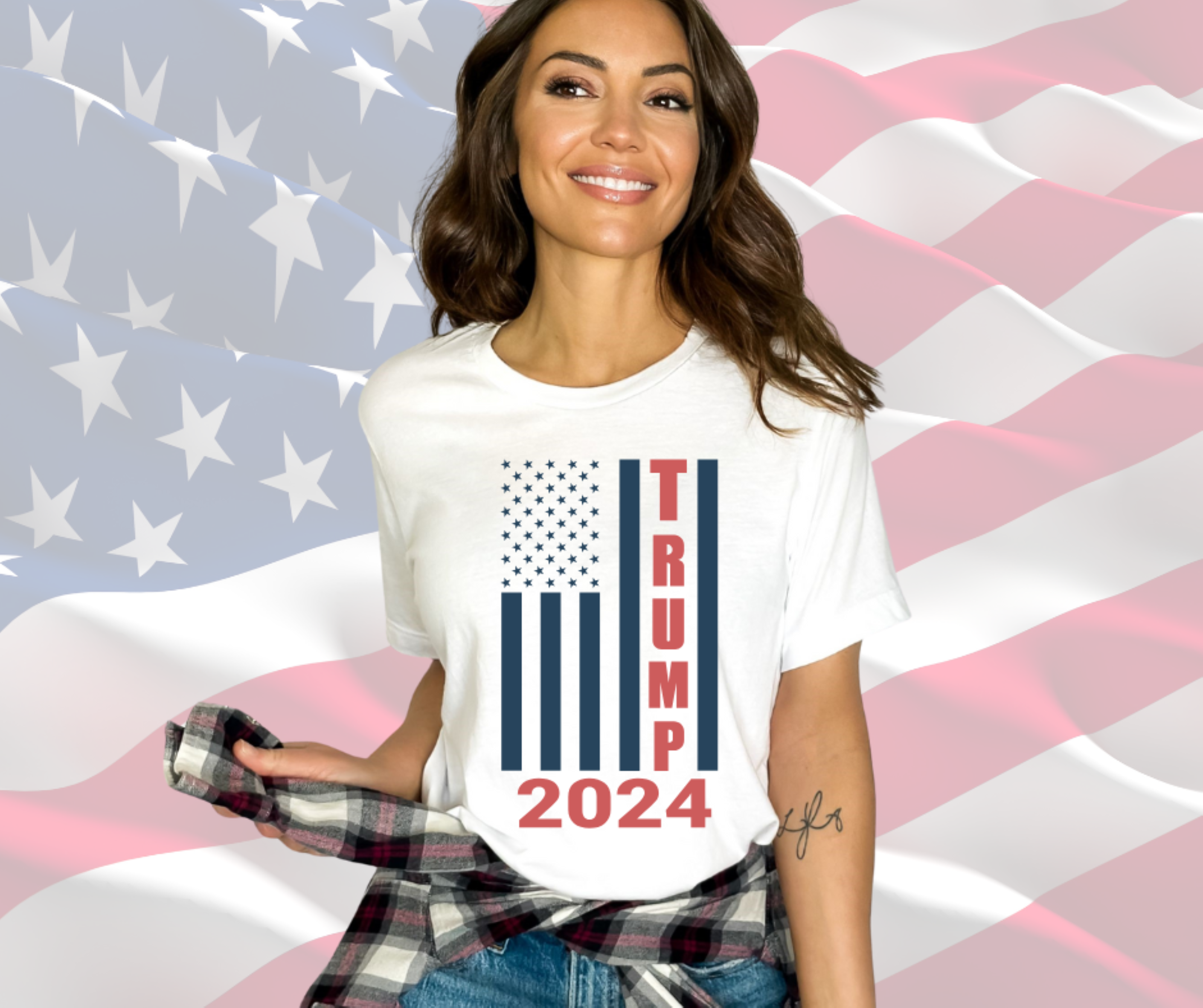 Trump Flag 2024 Shirt, Patriotic T-Shirt for Men &amp; Women, Gilden Unisex Softstyle Short Sleeve Tee, Trump TShirt 2024
